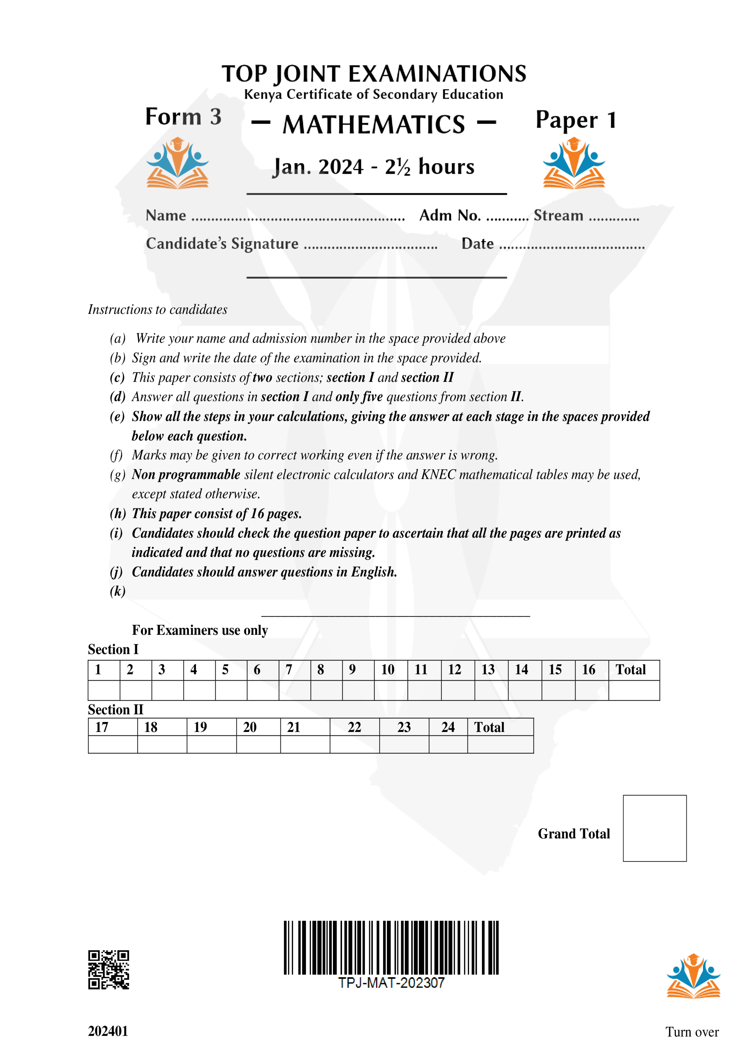 MATHEMATICS FORM 3 OPENER TERM 1 2024