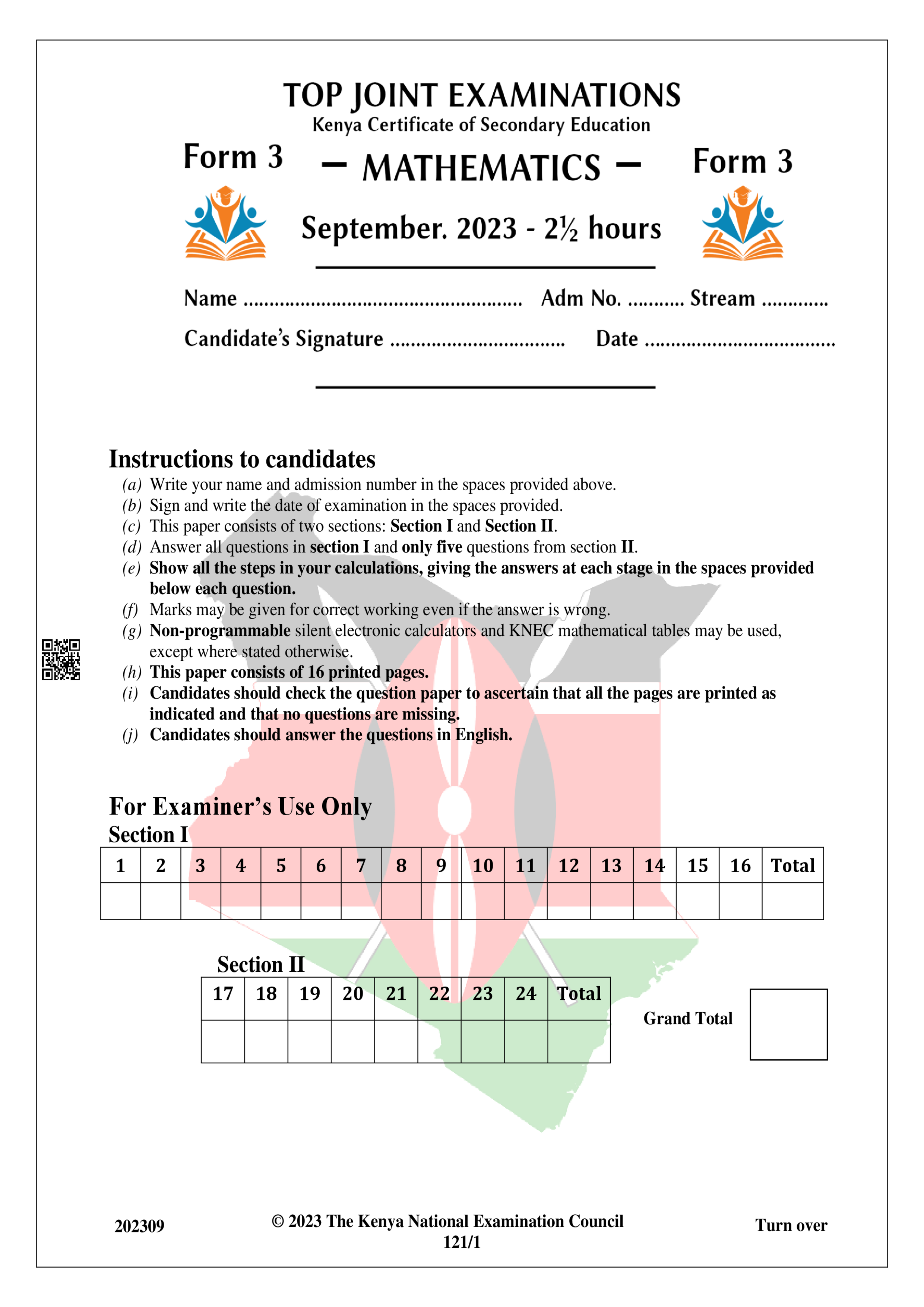 MATHEMATICS FORM 3 OPENER TERM 3 2023