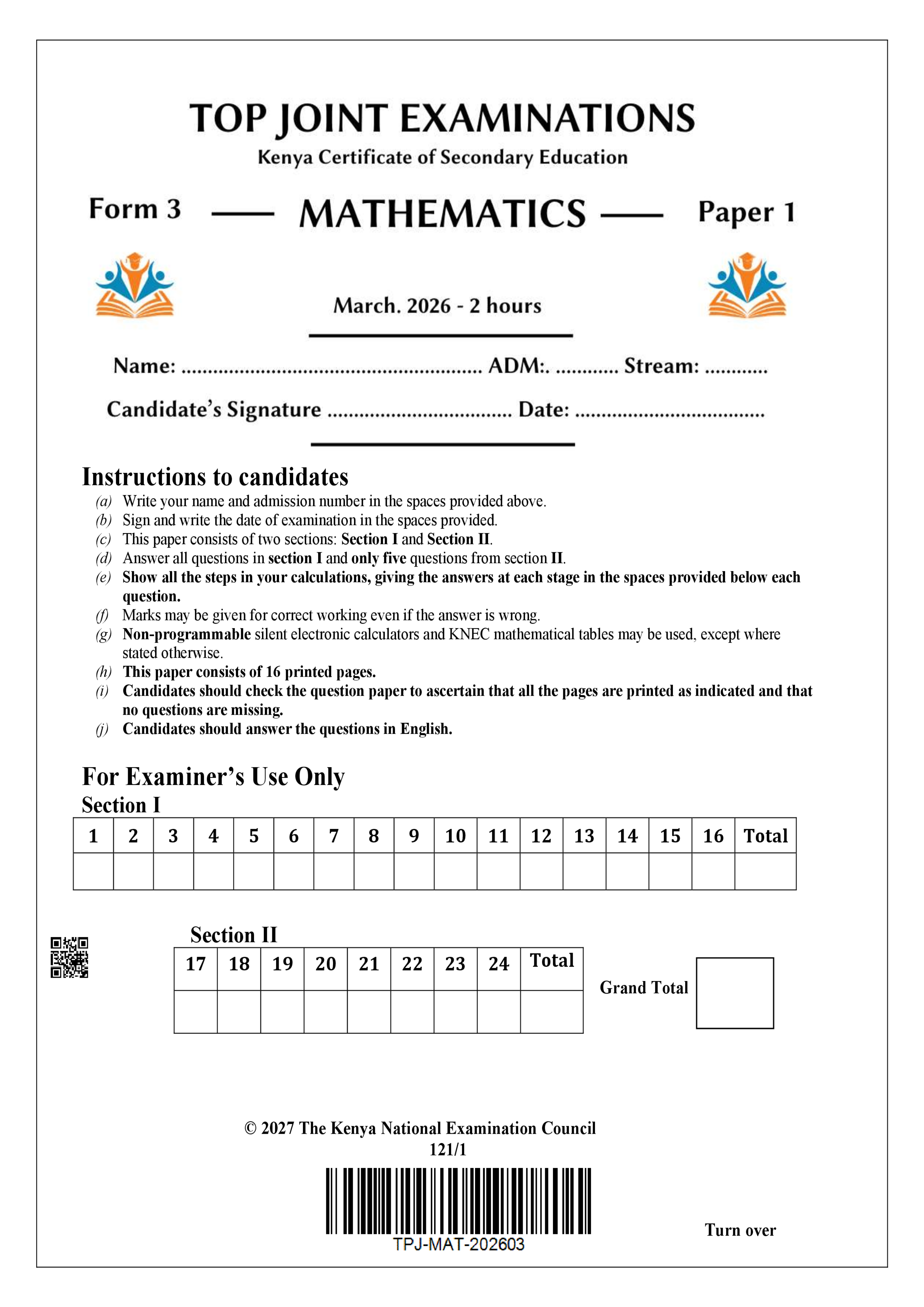 MATHEMATICS FORM 3 PAPER 1 END TERM 1 2026