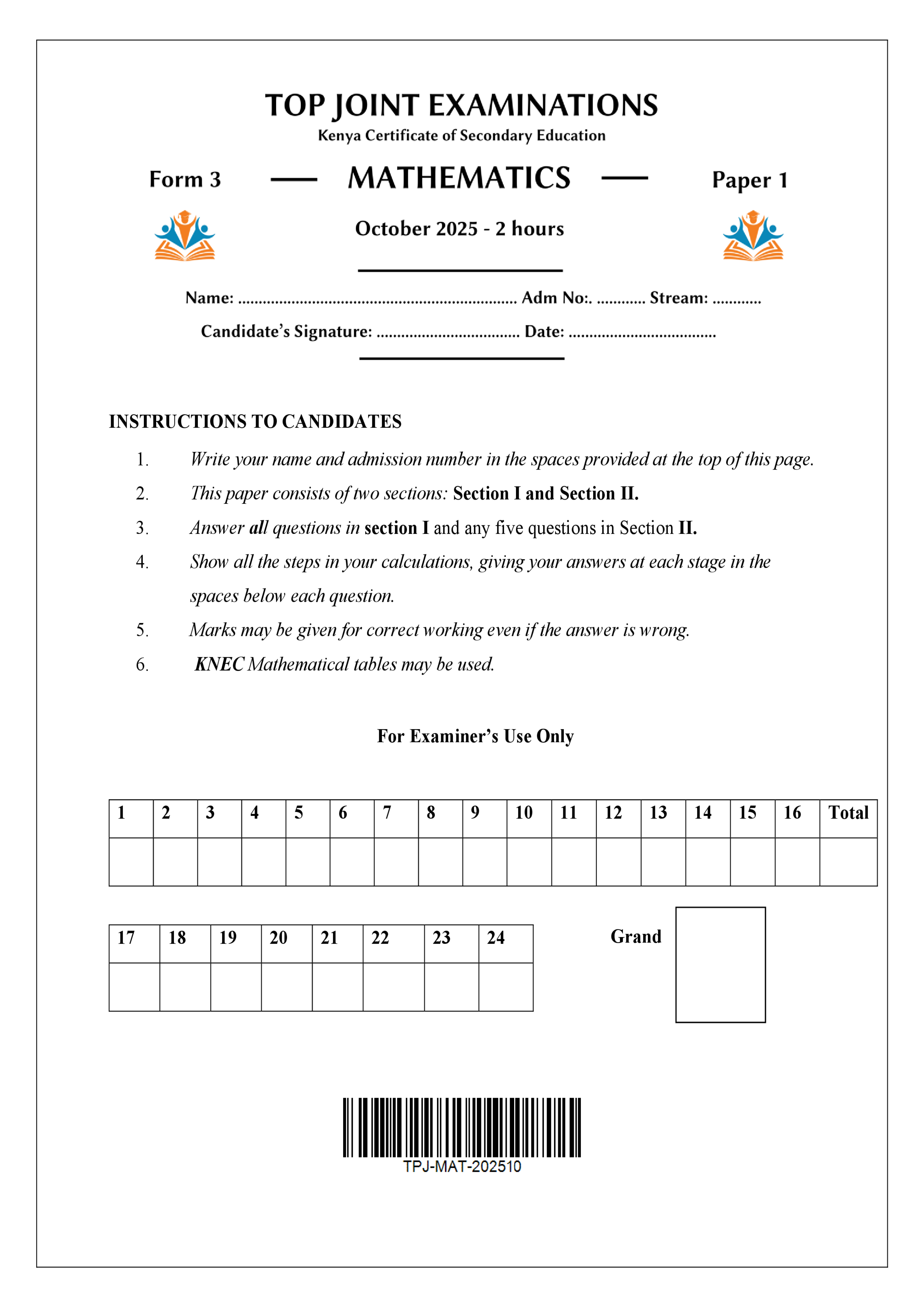 MATHEMATICS FORM 3 PAPER 1 END TERM 3 2025