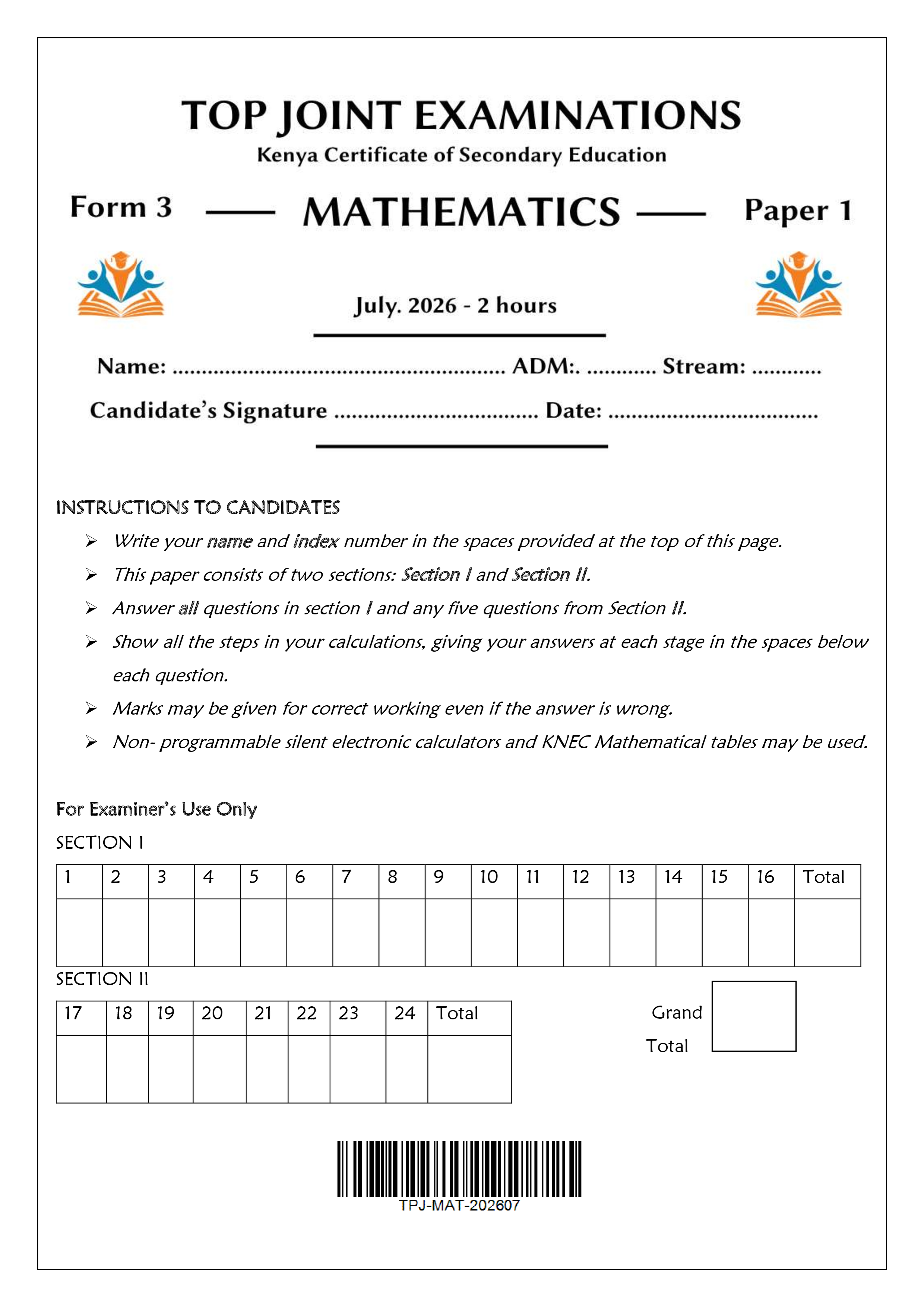MATHEMATICS FORM 3 PAPER 1 END TERM 2 2026