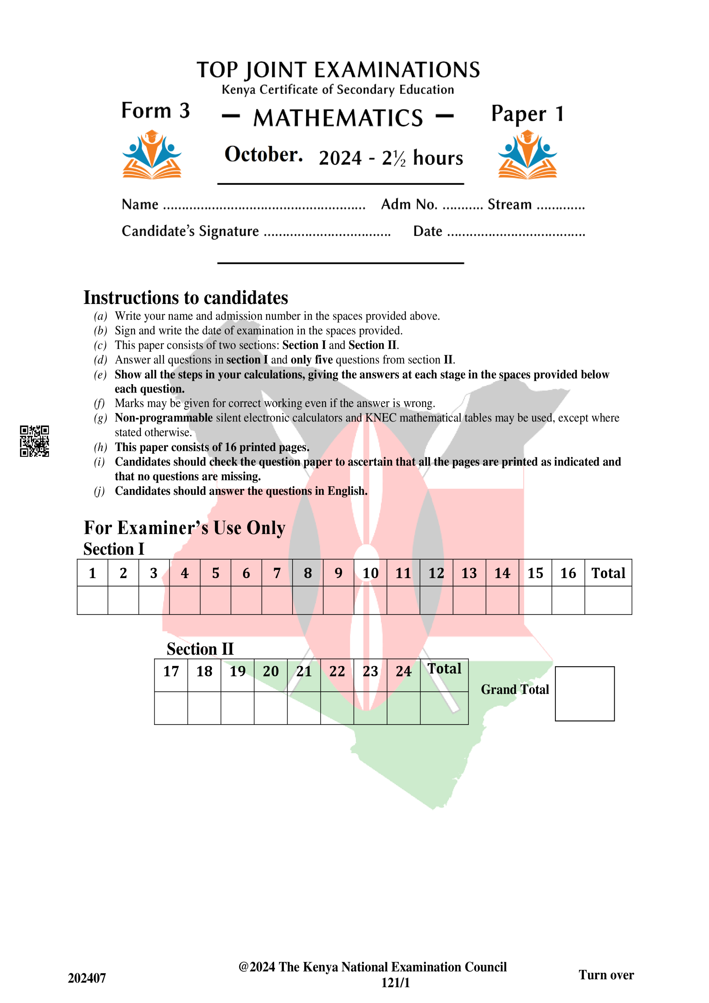 MATHEMATICS FORM 3 PAPER 1 END TERM 3 2024