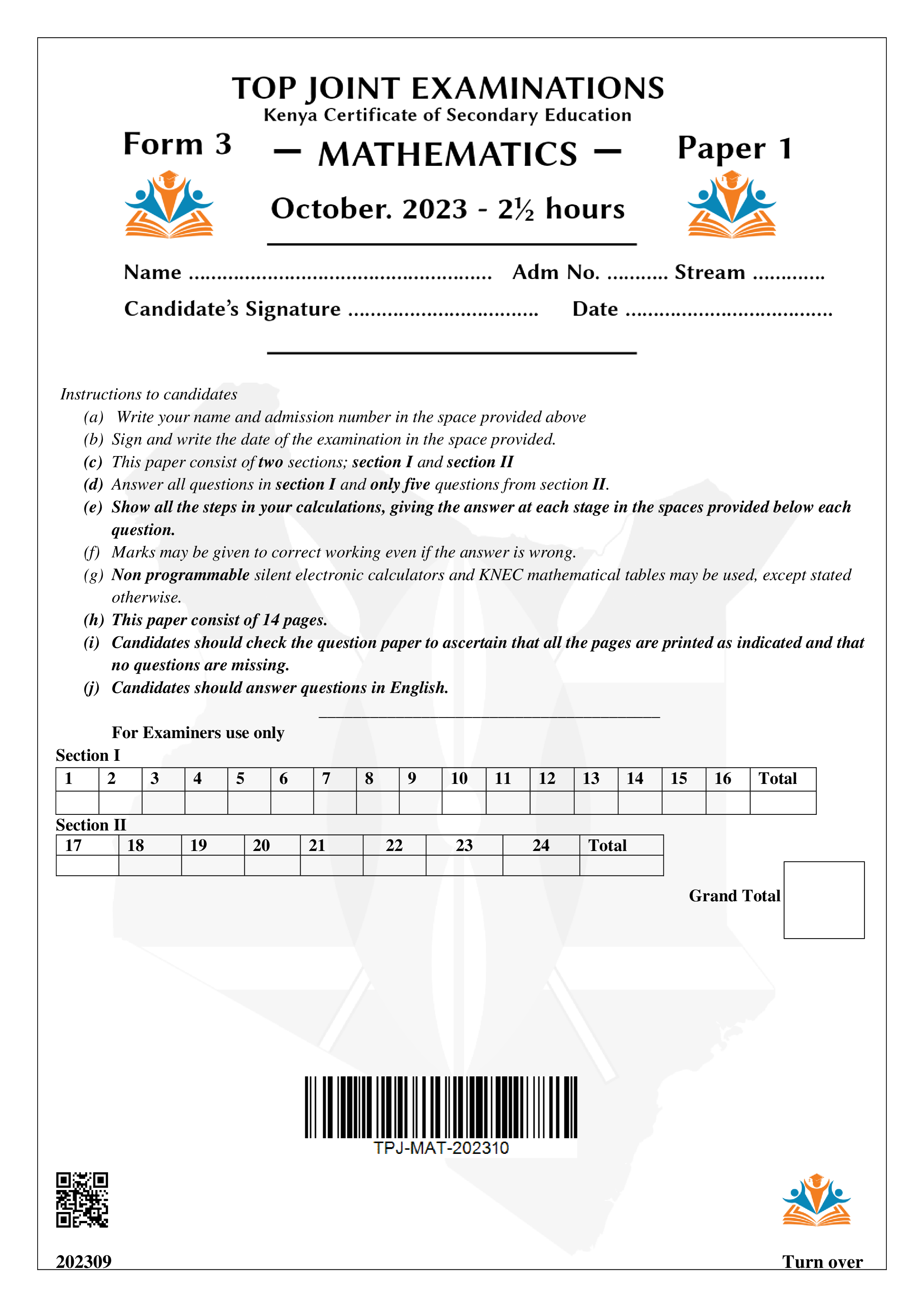 MATHEMATICS FORM 3 PAPER 1 END TERM 3 2023