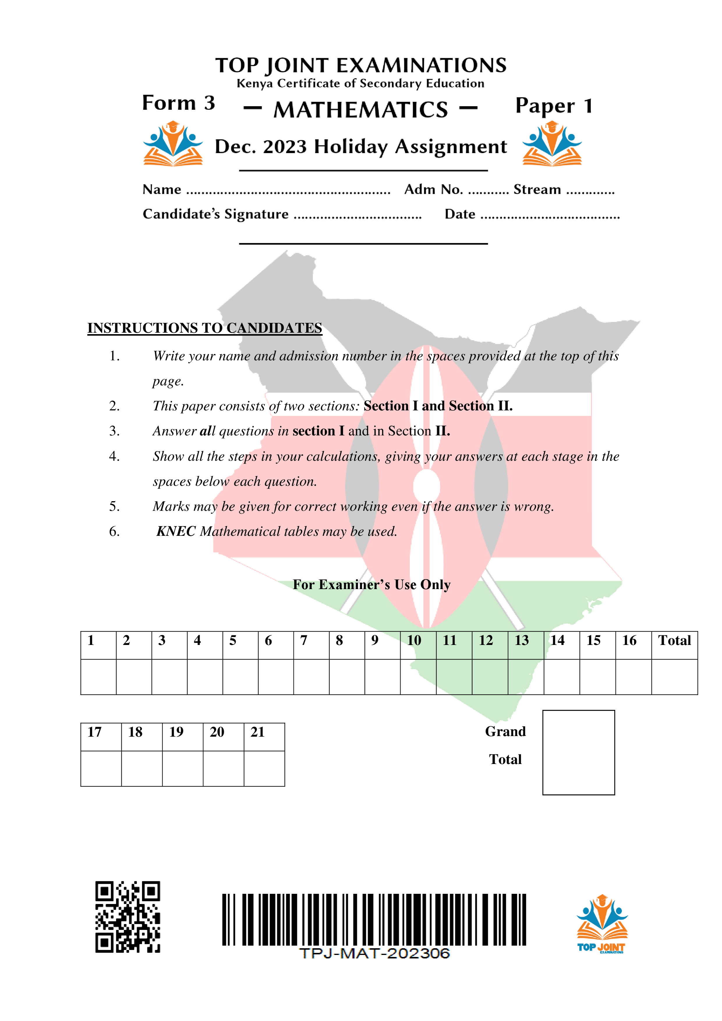 MATHEMATICS FORM 3 PAPER 1 NOV-DEC HOLIDAY ASSIGNMENT 2023