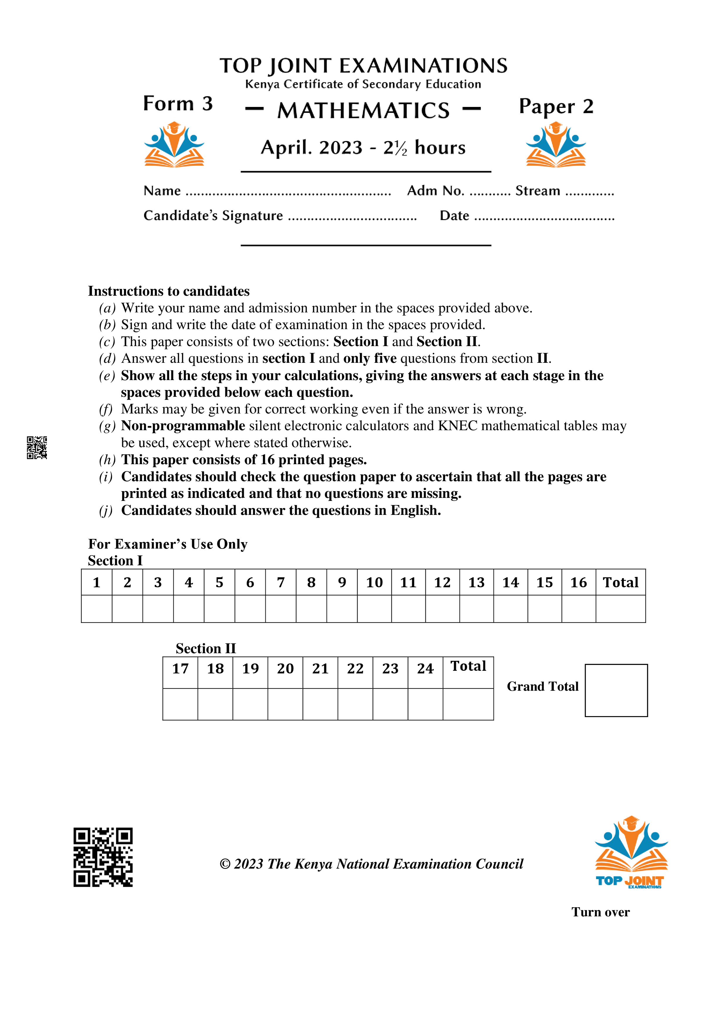MATHEMATICS FORM 3 PAPER 2 END TERM 1 2023