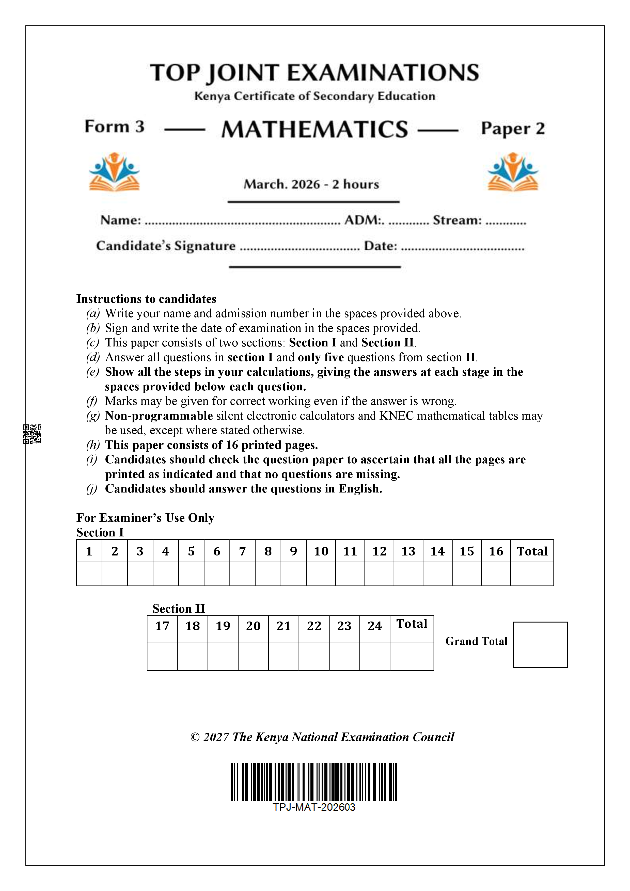 MATHEMATICS FORM 3 PAPER 2 END TERM 1 2026