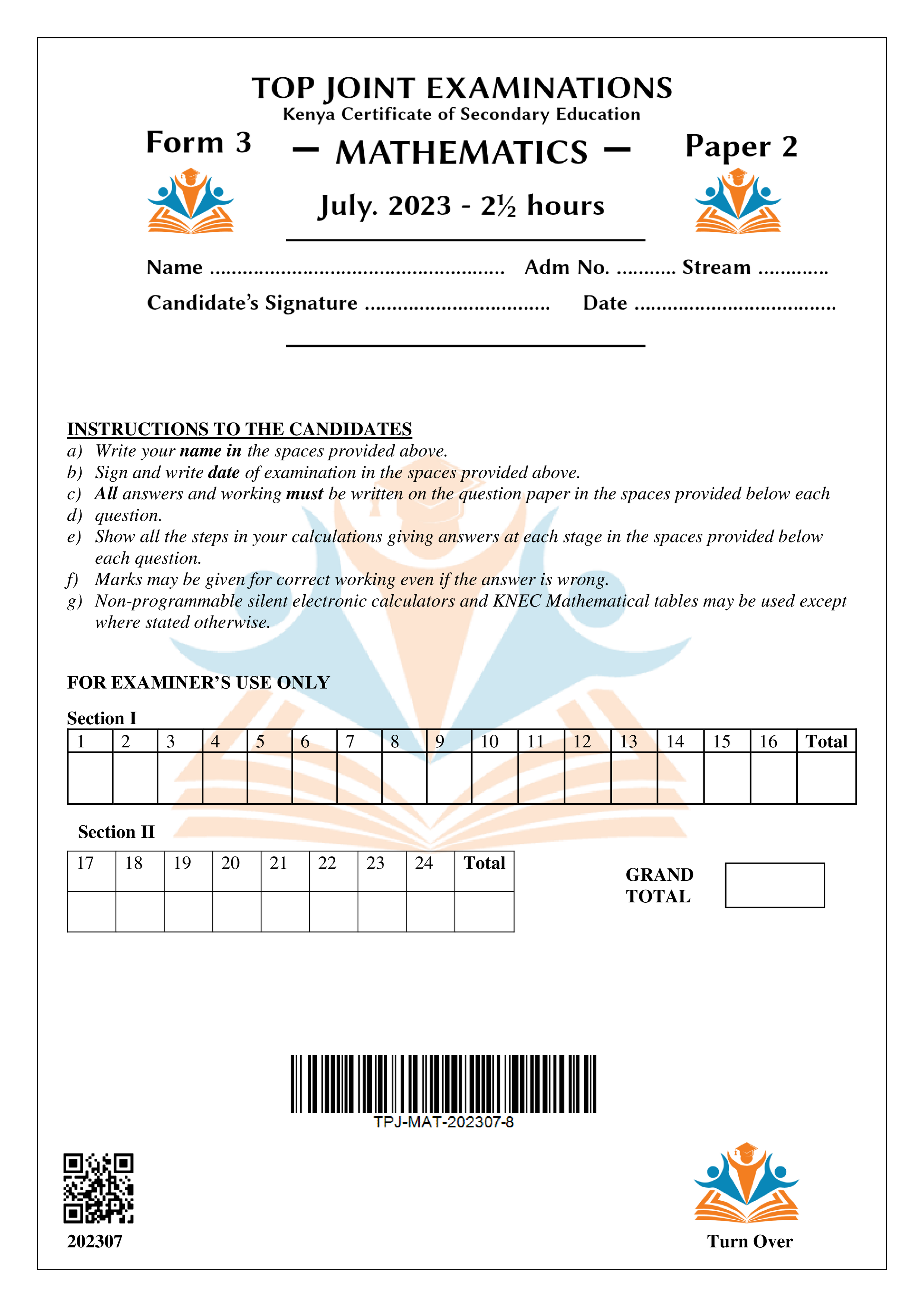 MATHEMATICS FORM 3 PAPER 2 END TERM 2 2023