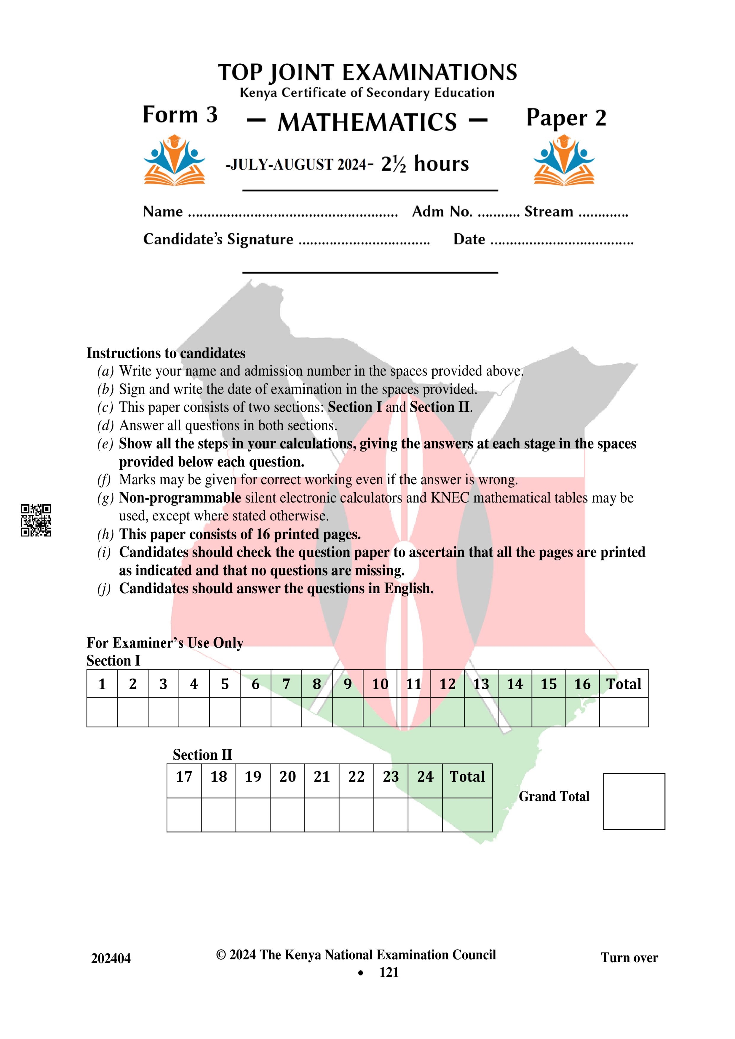 MATHEMATICS FORM 3 PAPER 2 END TERM 2 2024