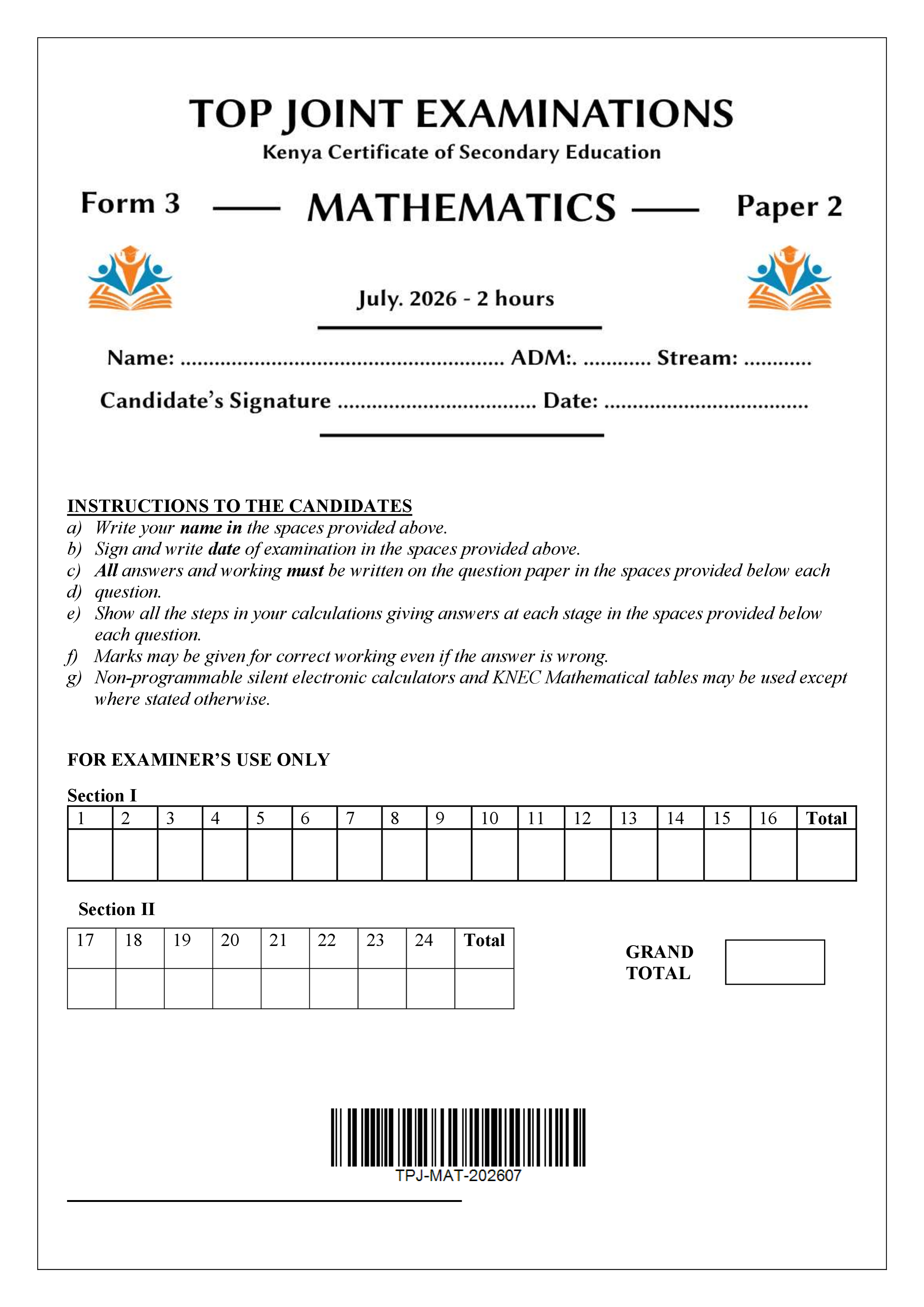 MATHEMATICS FORM 3 PAPER 2 END TERM 2 2026