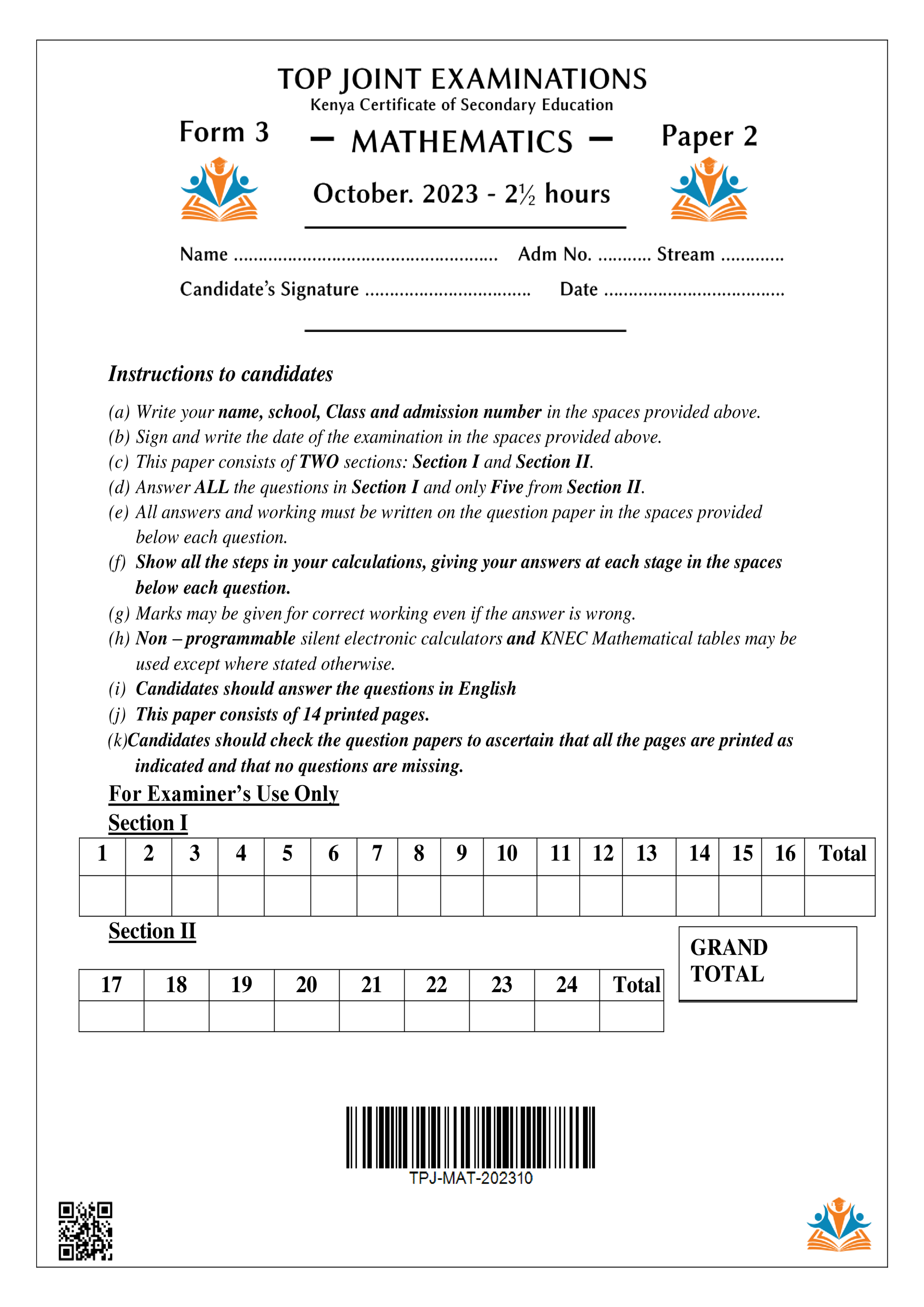 MATHEMATICS FORM 3 PAPER 2 END TERM 3 2023