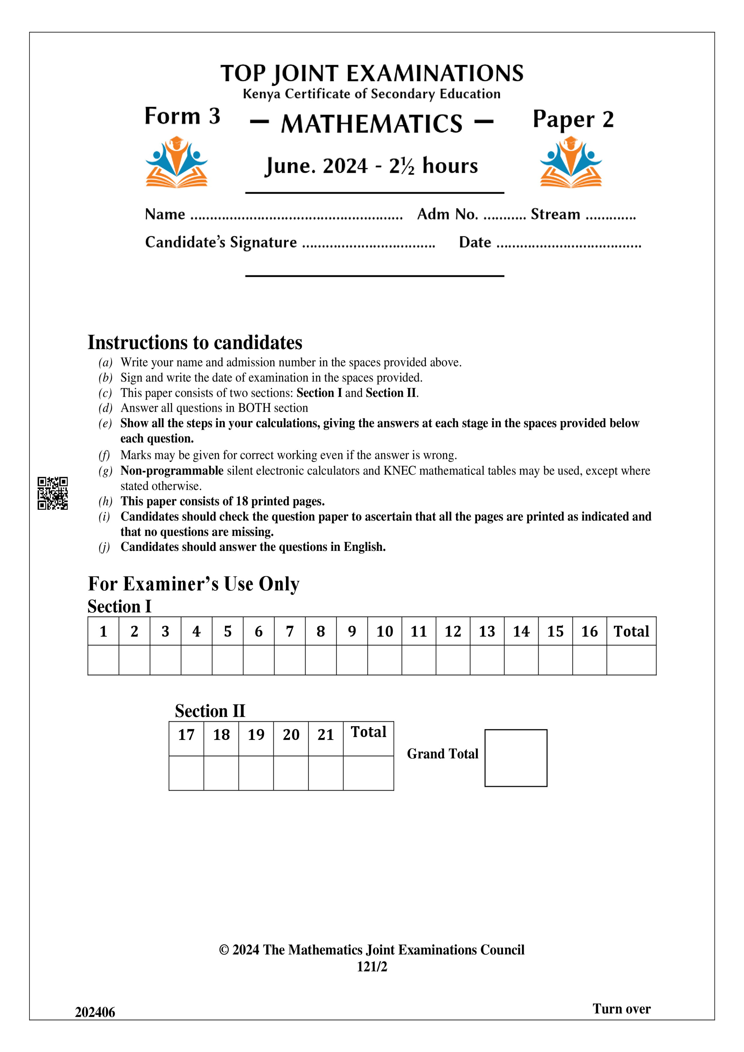MATHEMATICS FORM 3 PAPER 2 MID TERM 2 2024