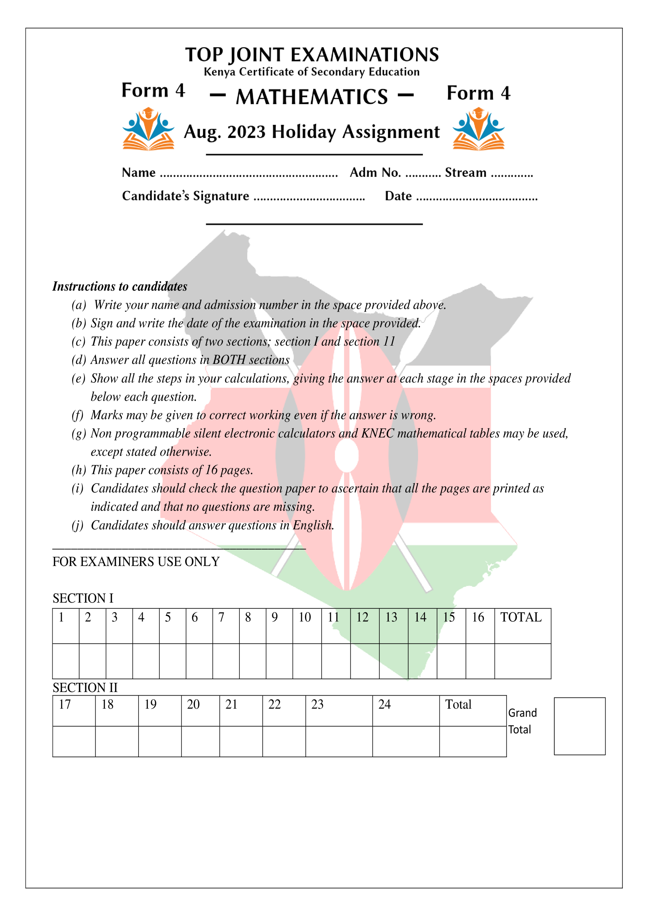 MATHEMATICS FORM 4 AUGUST 2023 HOLIDAY ASSIGNMENT