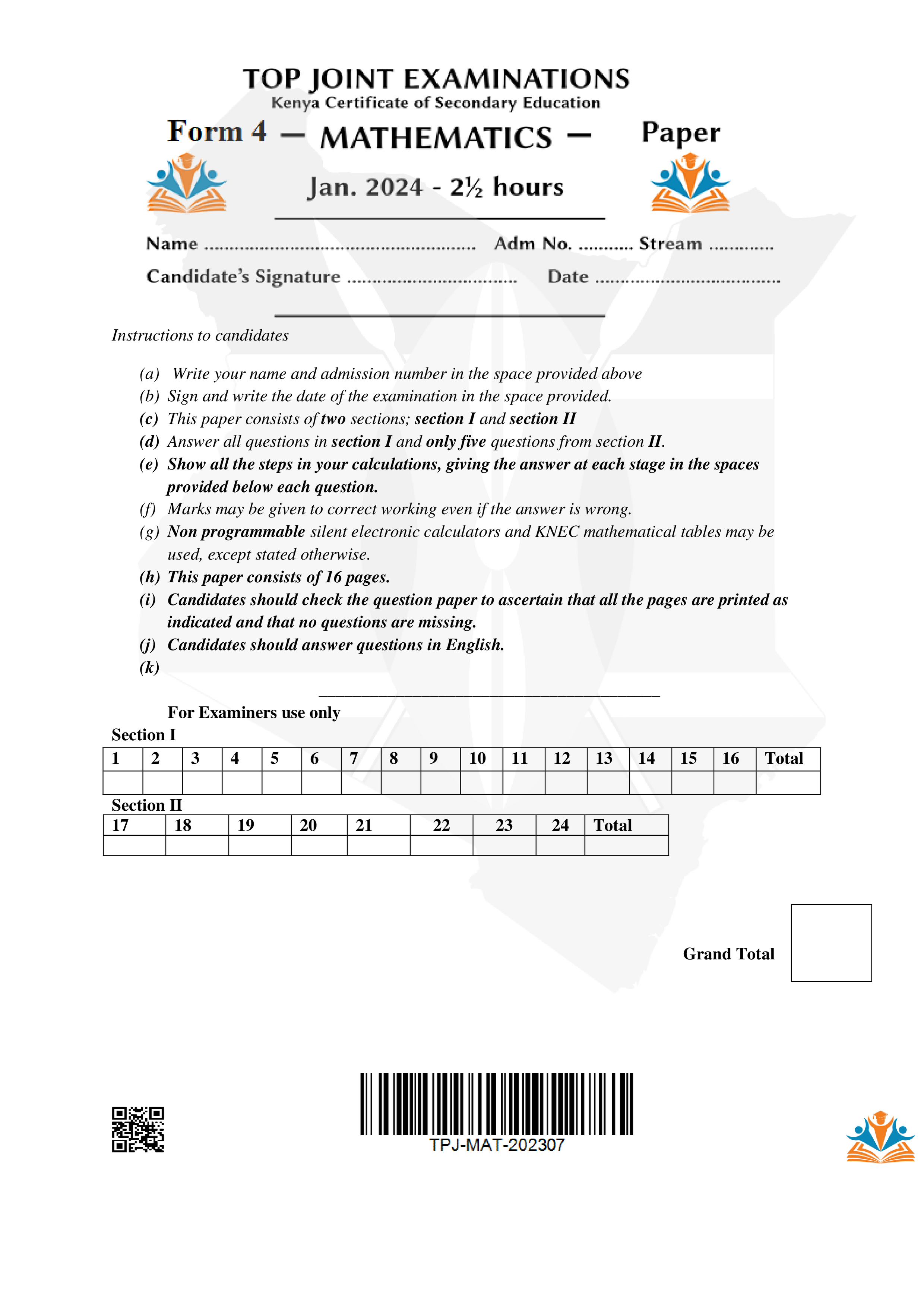 MATHEMATICS FORM 4 OPENER TERM 1 2024
