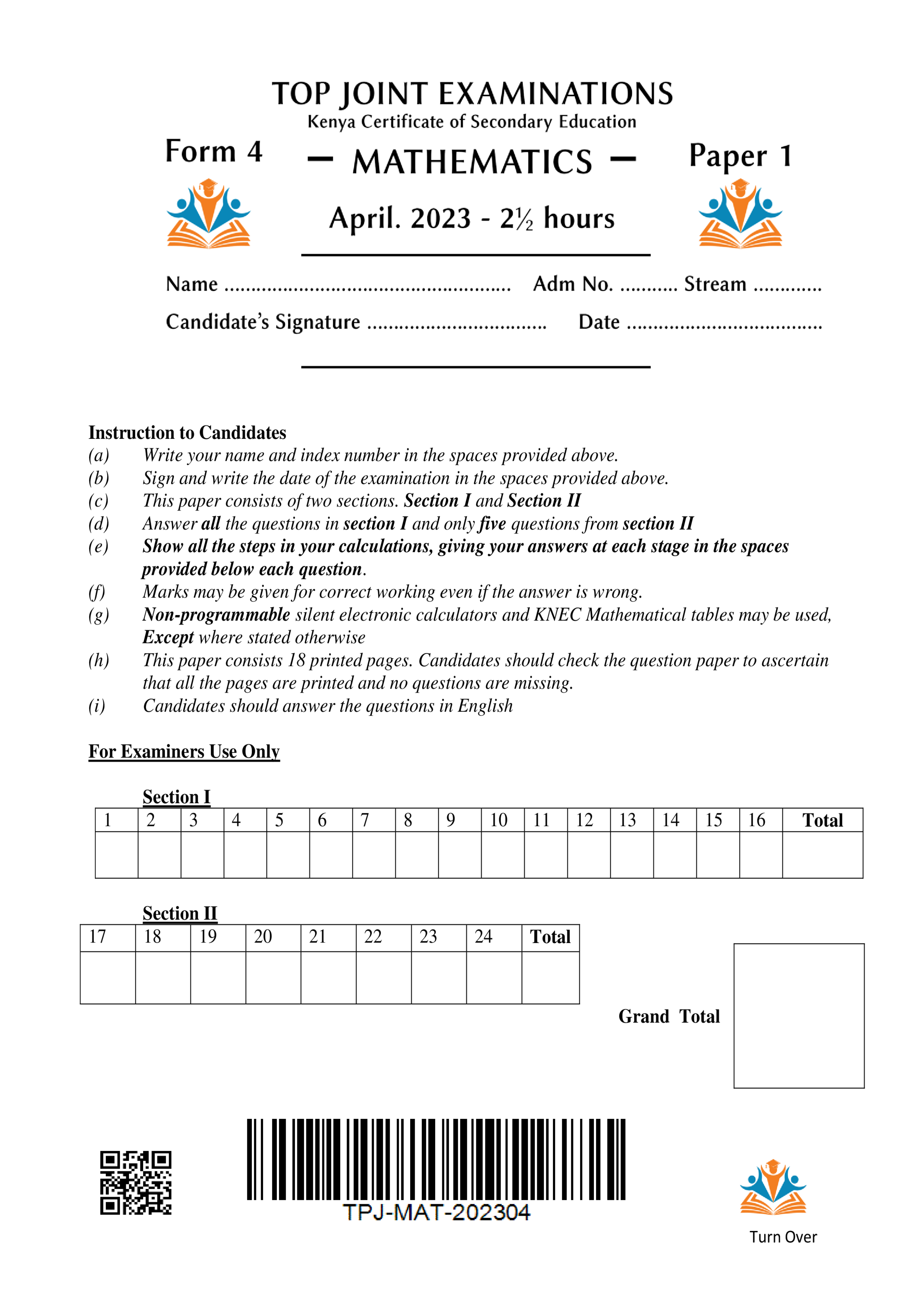 MATHEMATICS FORM 4 PAPER 1 END TERM 1 2023