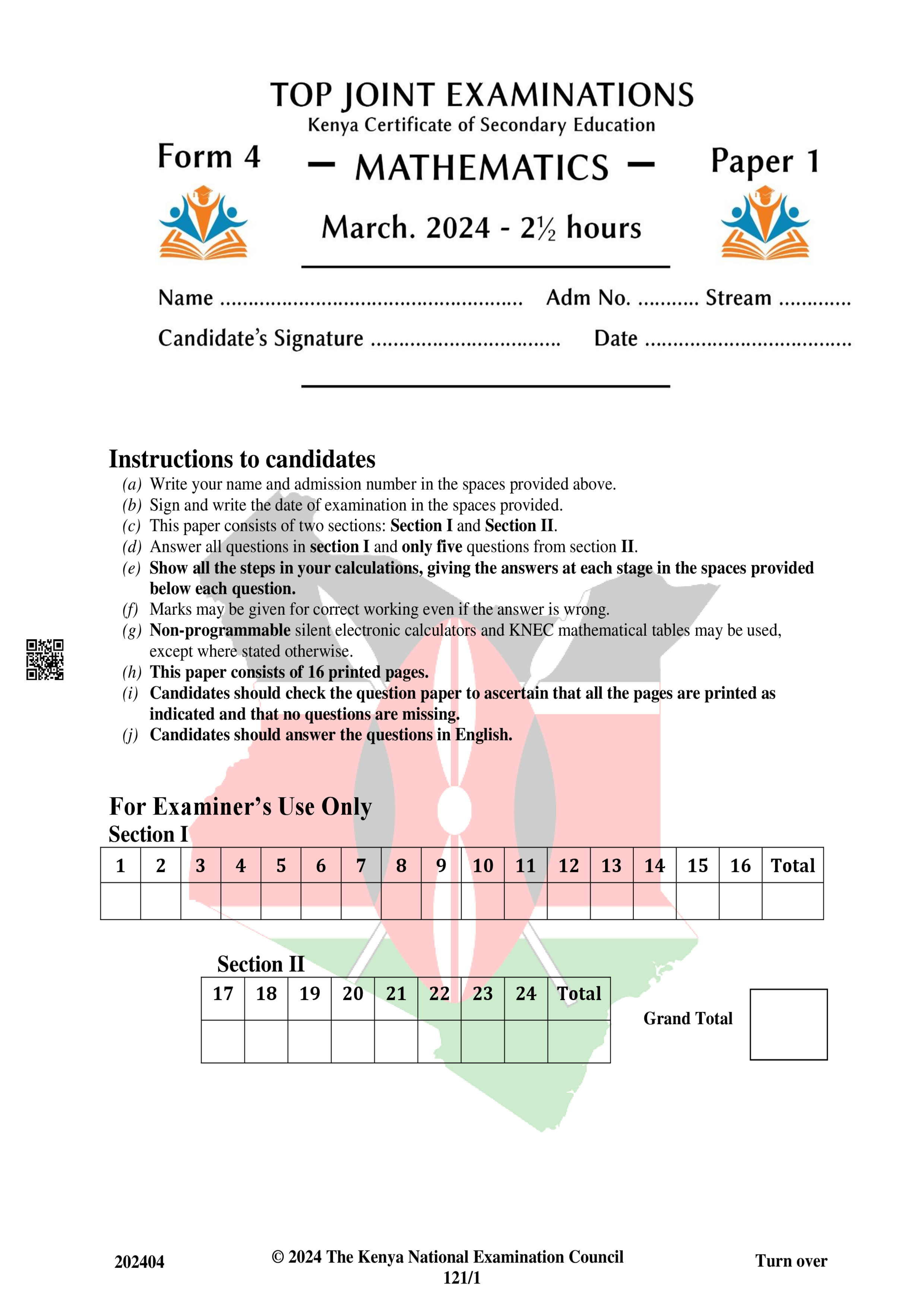 MATHEMATICS FORM 4 PAPER 1 END TERM 1 2024