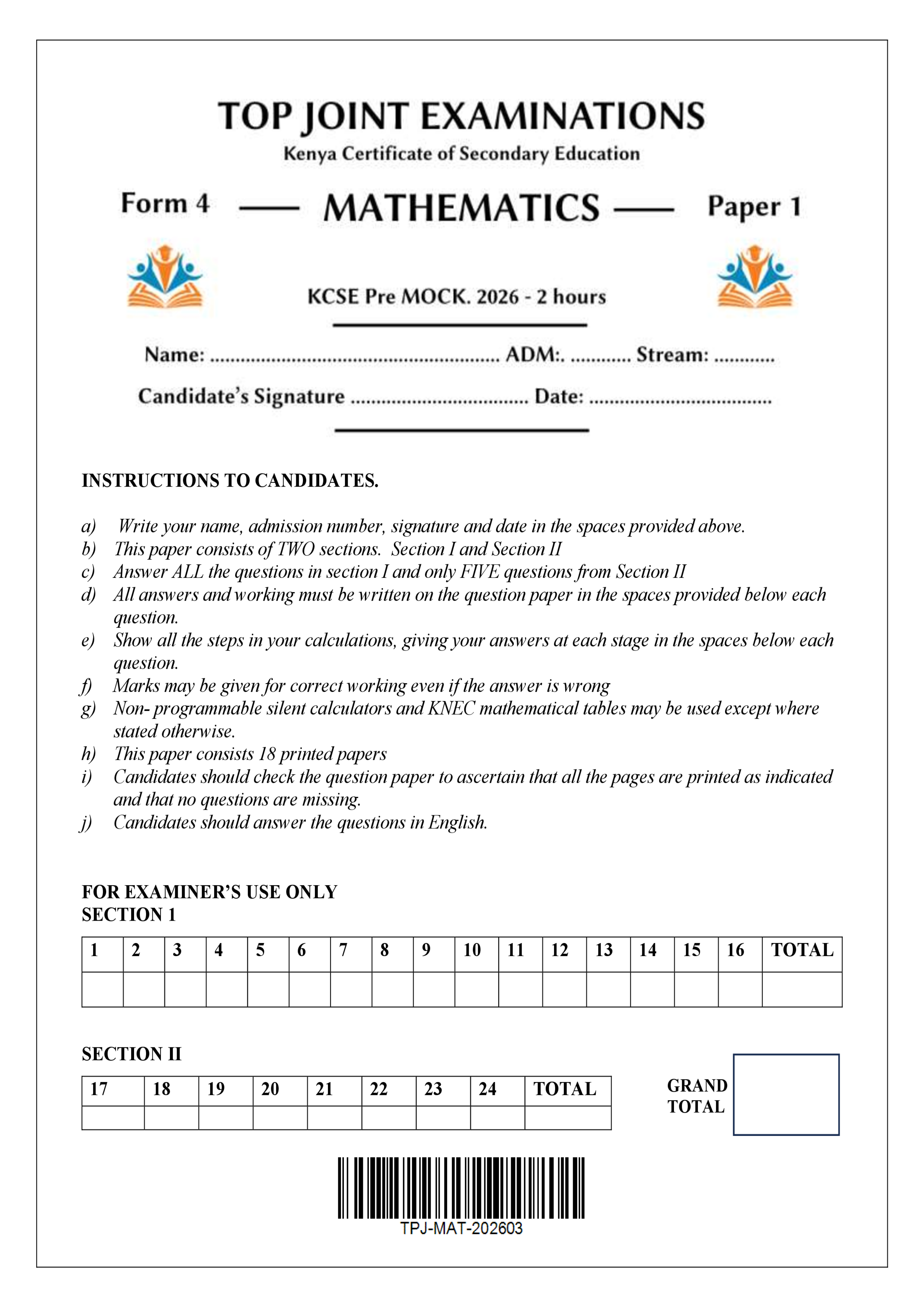 MATHEMATICS FORM 4 PAPER 1 END TERM 1 2026