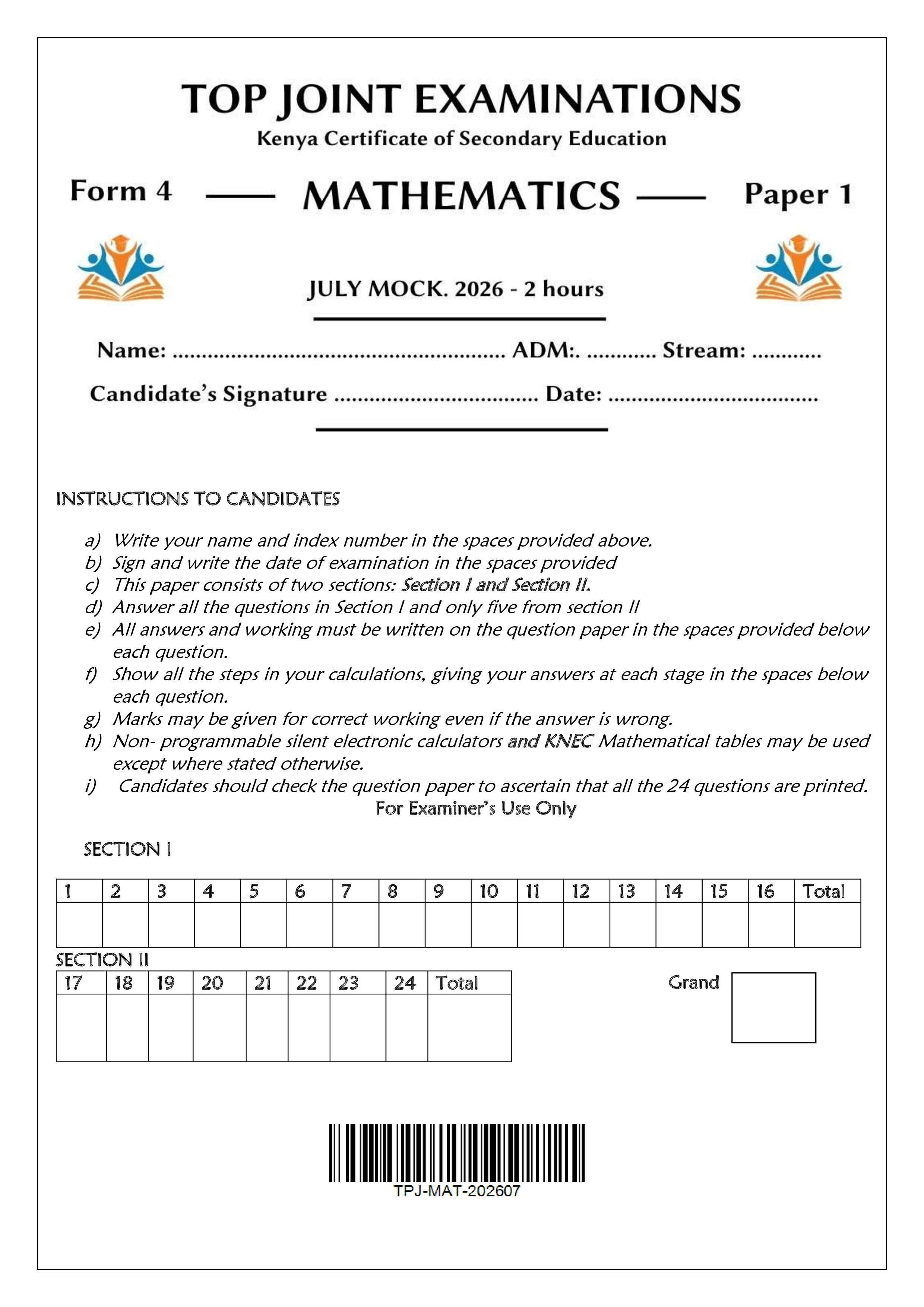 MATHEMATICS FORM 4 PAPER 1 END TERM 2 2026