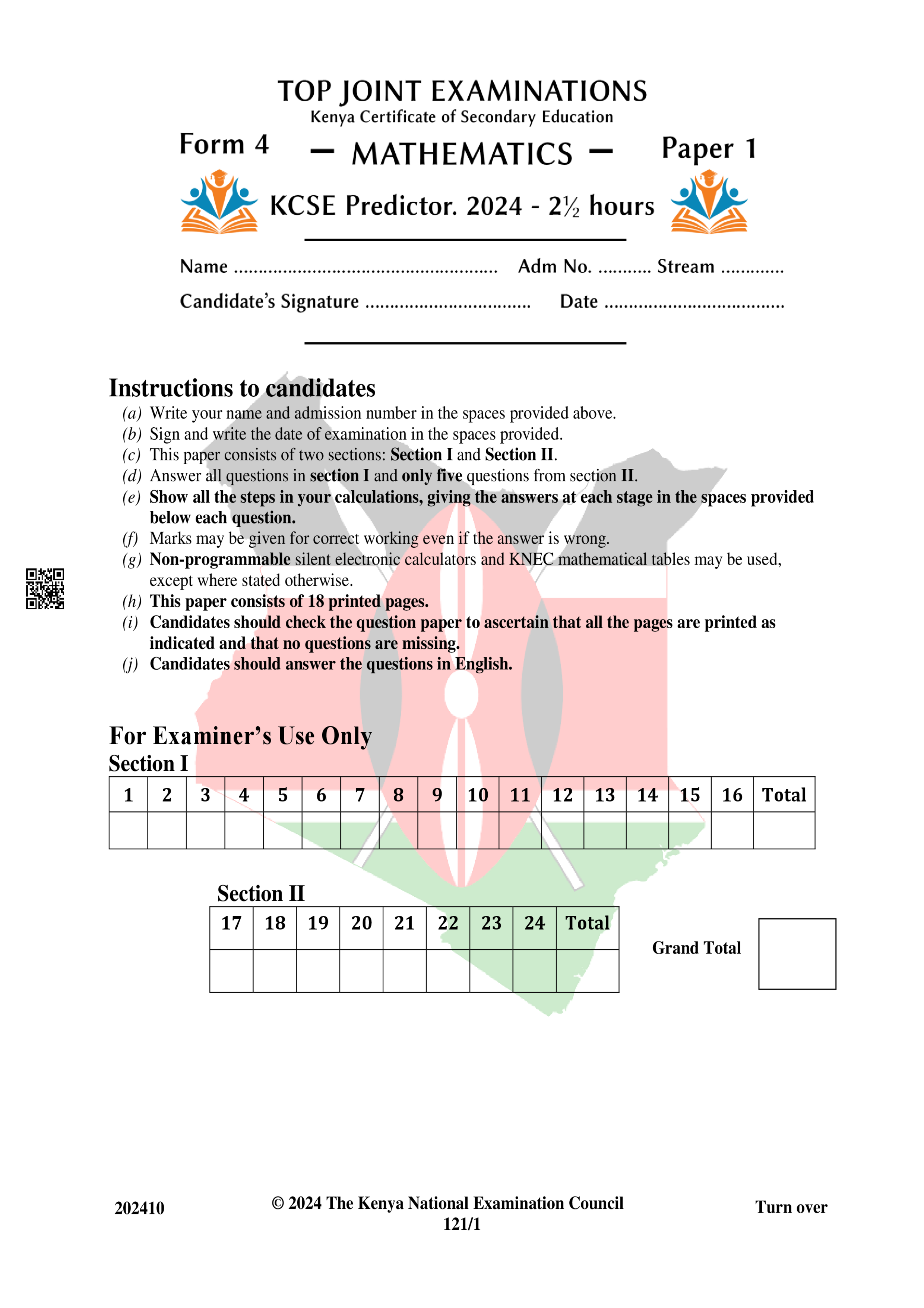 MATHEMATICS FORM 4 PAPER 1 KCSE PREDICTOR 2024