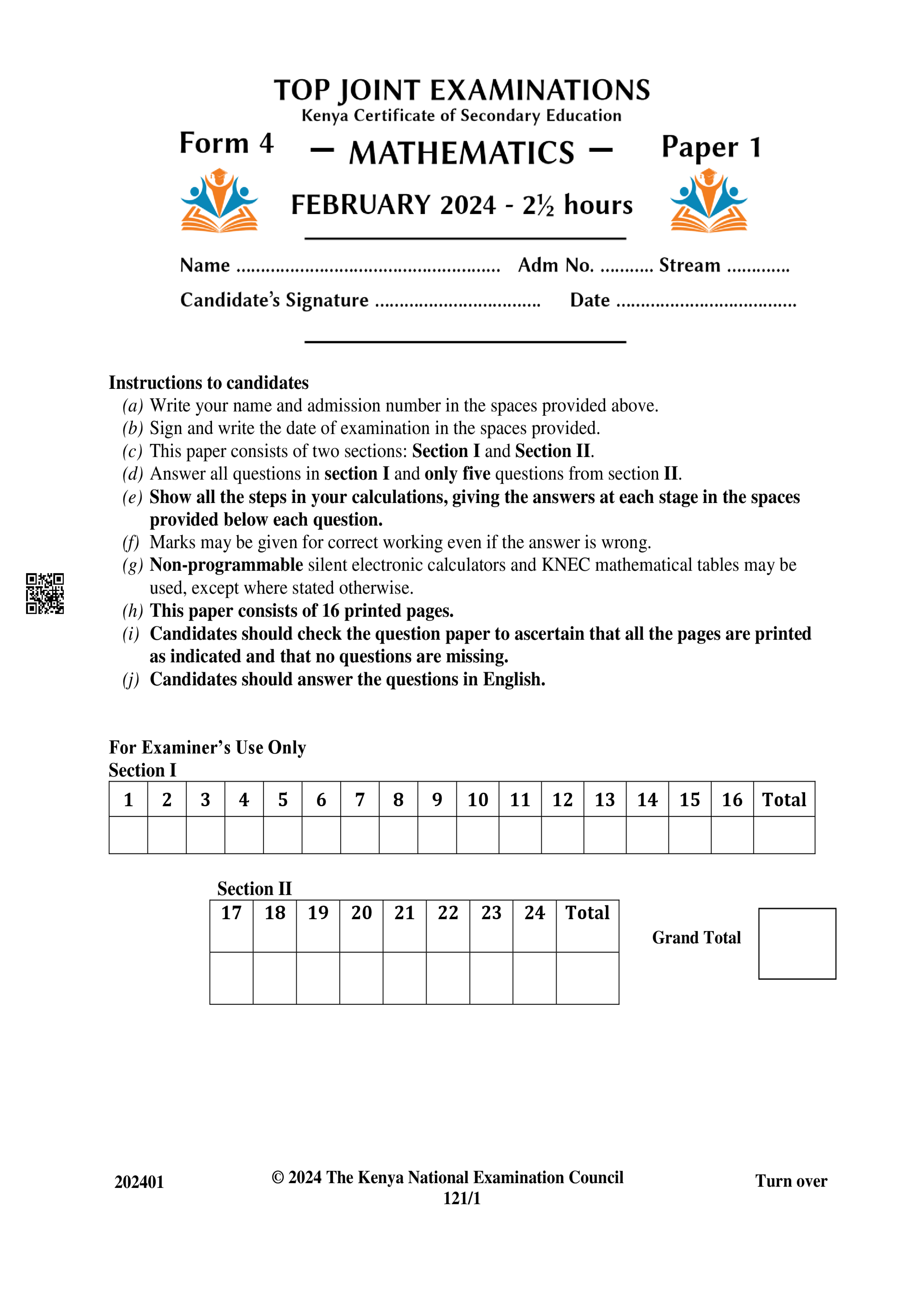 MATHEMATICS FORM 4 PAPER 1 MID TERM 1 2024