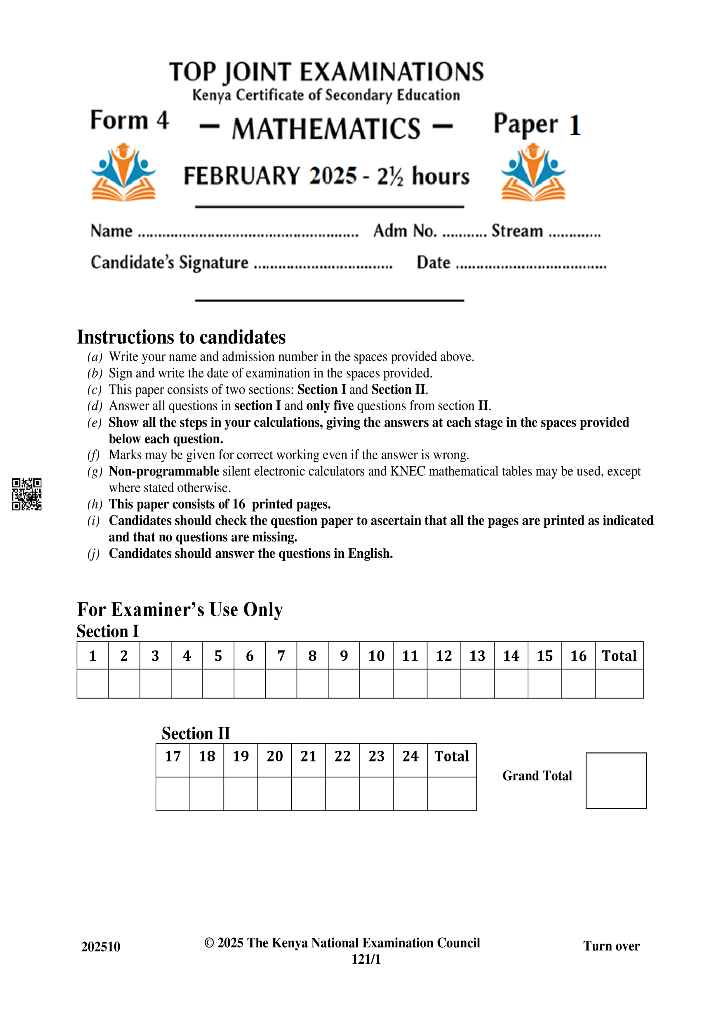 MATHEMATICS FORM 4 PAPER 1 MID TERM 1 2025