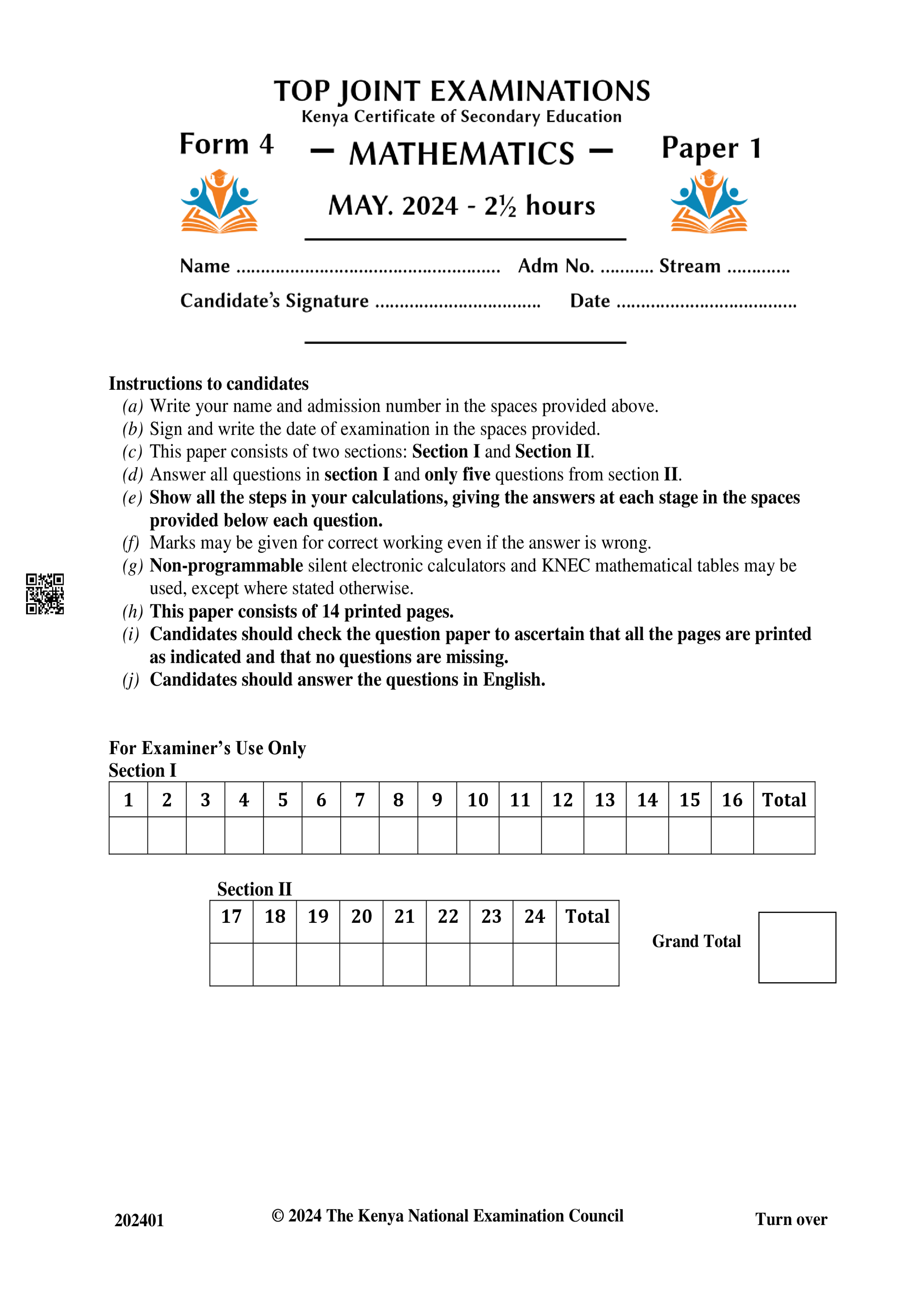 MATHEMATICS FORM 4 PAPER 1 OPENER TERM 2 2024