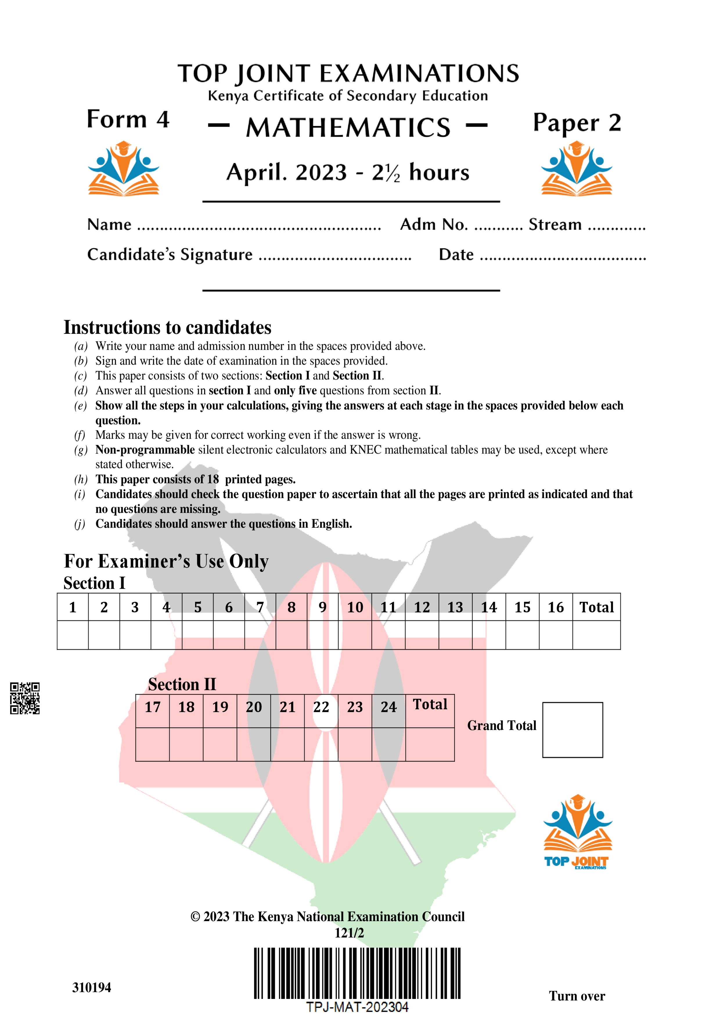 MATHEMATICS FORM 4 PAPER 2 END TERM 1 2023