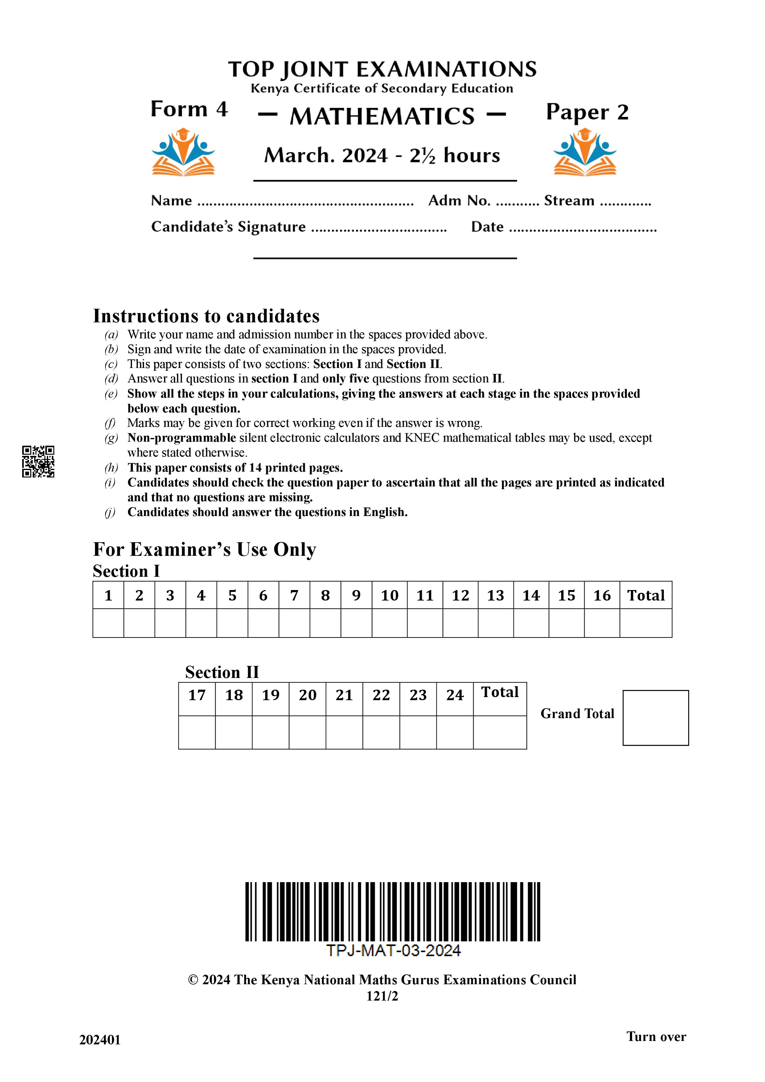 MATHEMATICS FORM 4 PAPER 2 END TERM 1 2024