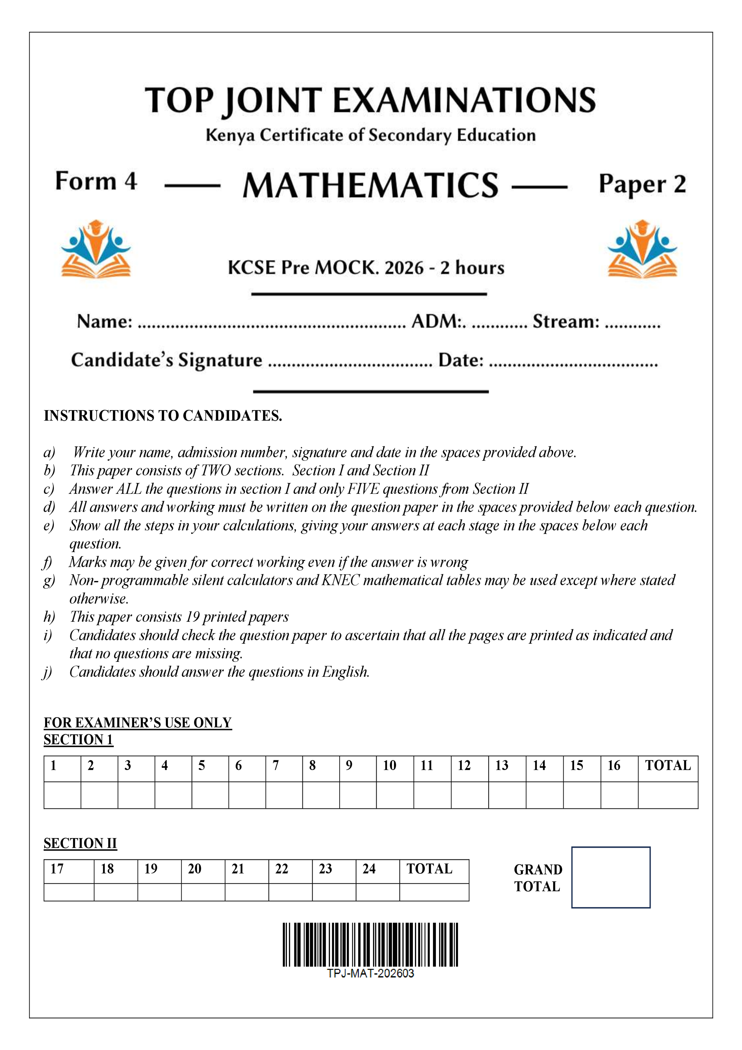 MATHEMATICS FORM 4 PAPER 2 END TERM 1 2026