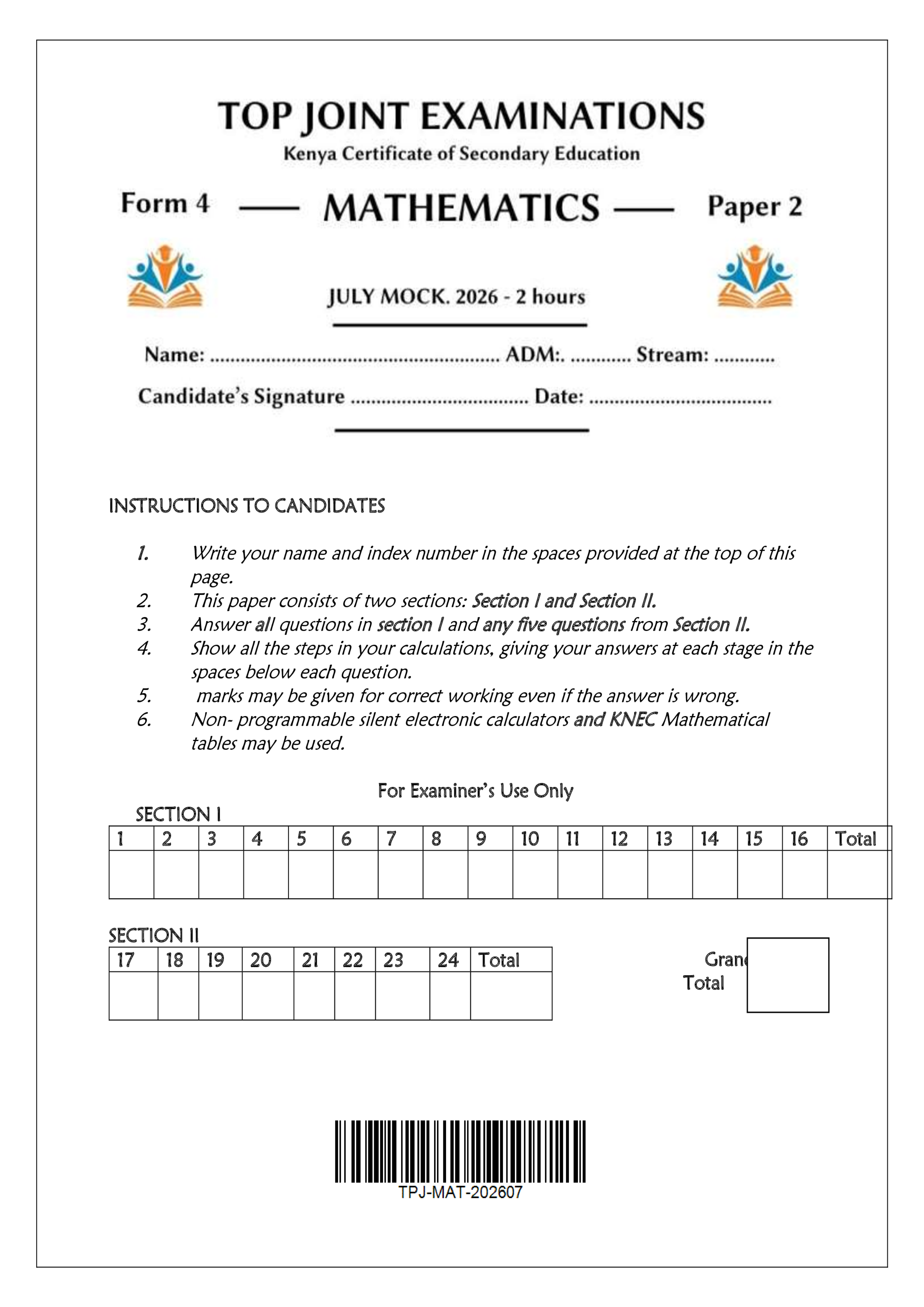 MATHEMATICS FORM 4 PAPER 2 END TERM 2 2026