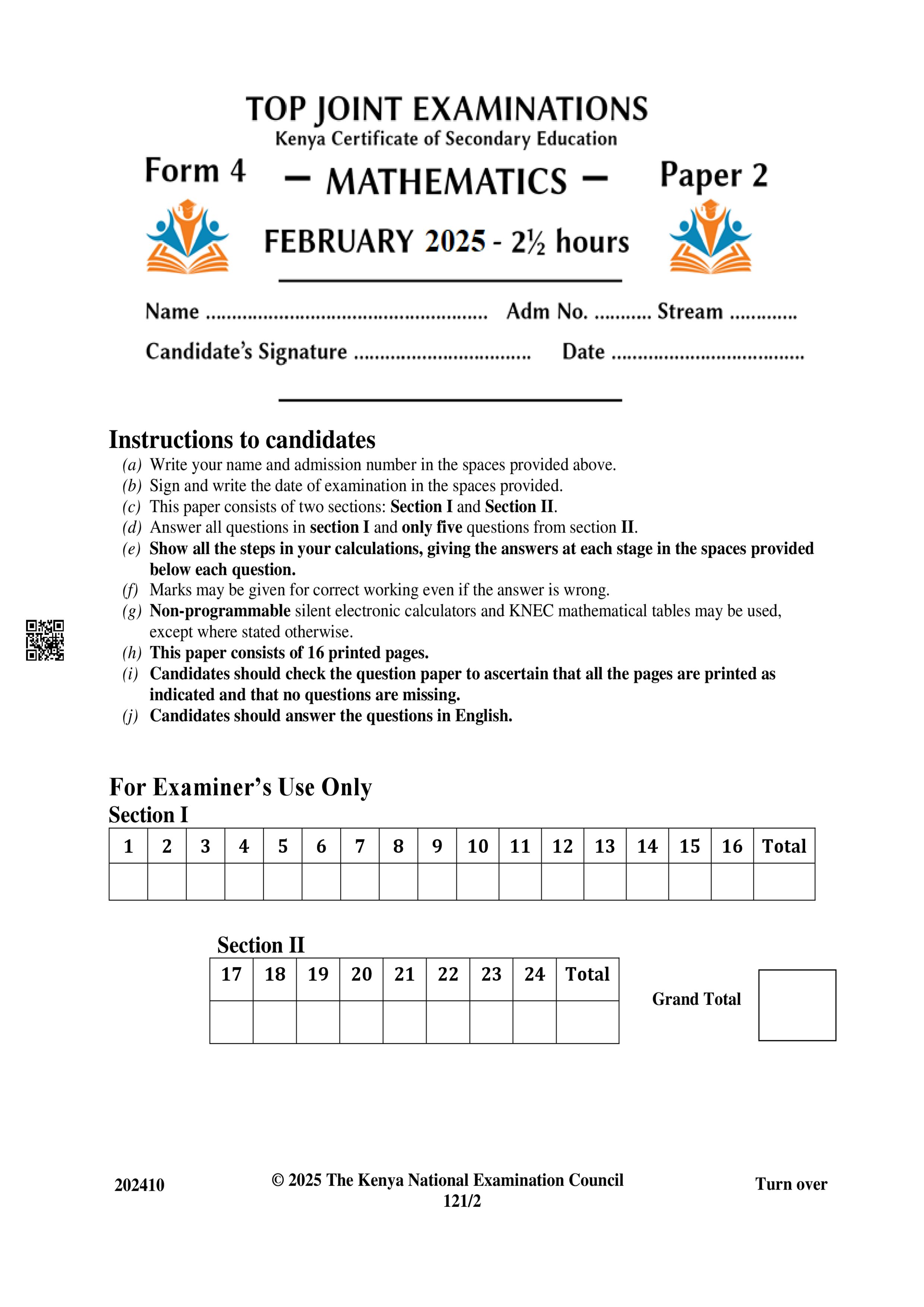 MATHEMATICS FORM 4 PAPER 2 MID TERM 1 2025