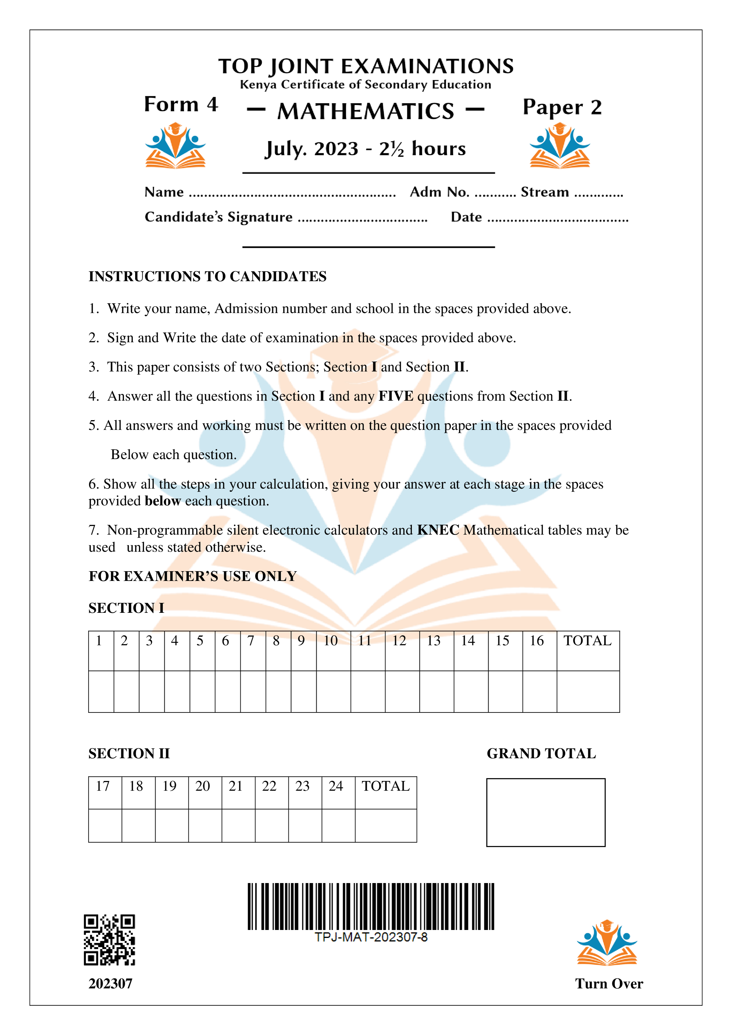MATHEMATICS FORM 4 PAPER 2 KCSE MOCK 2023