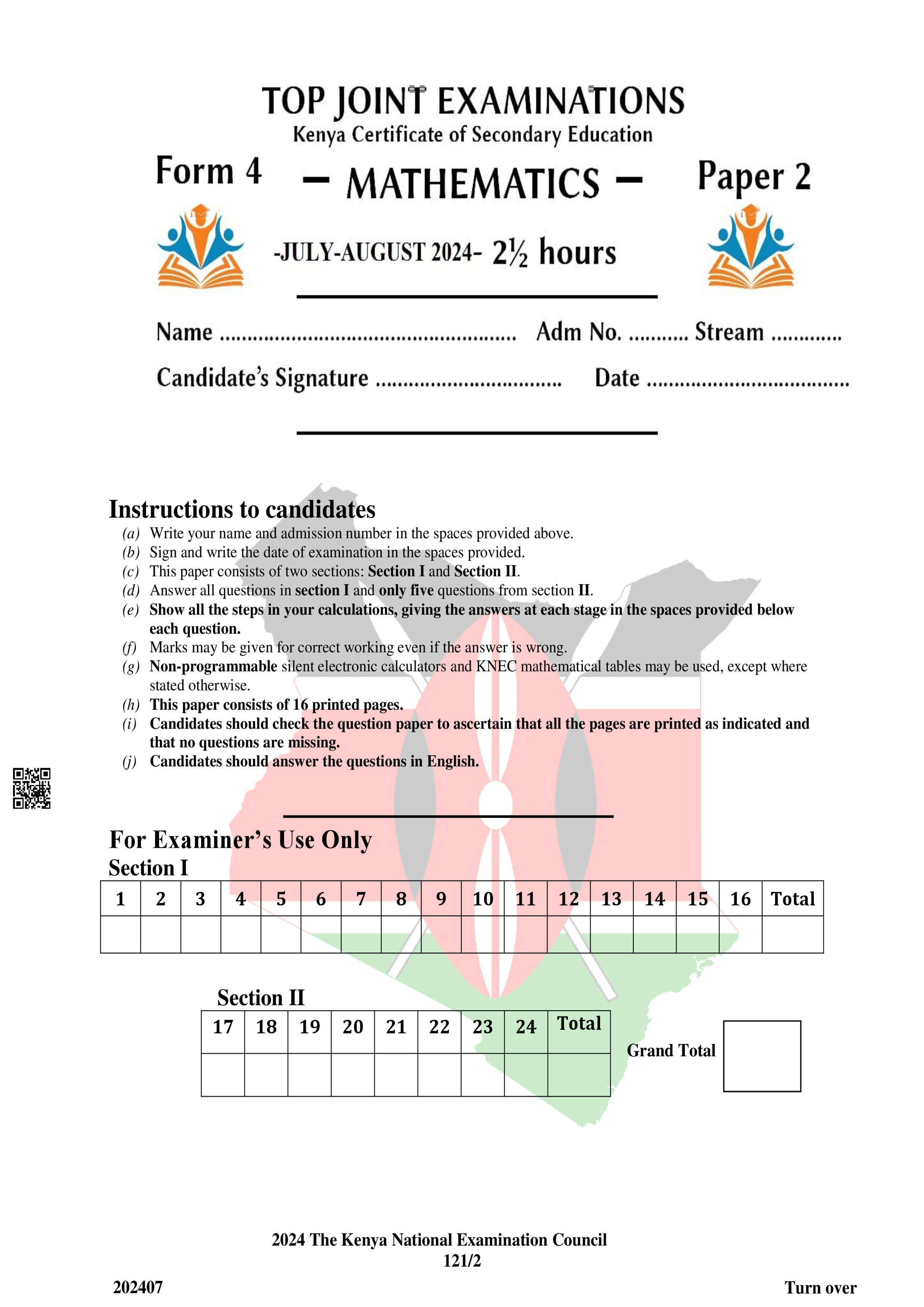MATHEMATICS FORM 4 PAPER 2 MOCK EXAM 2024