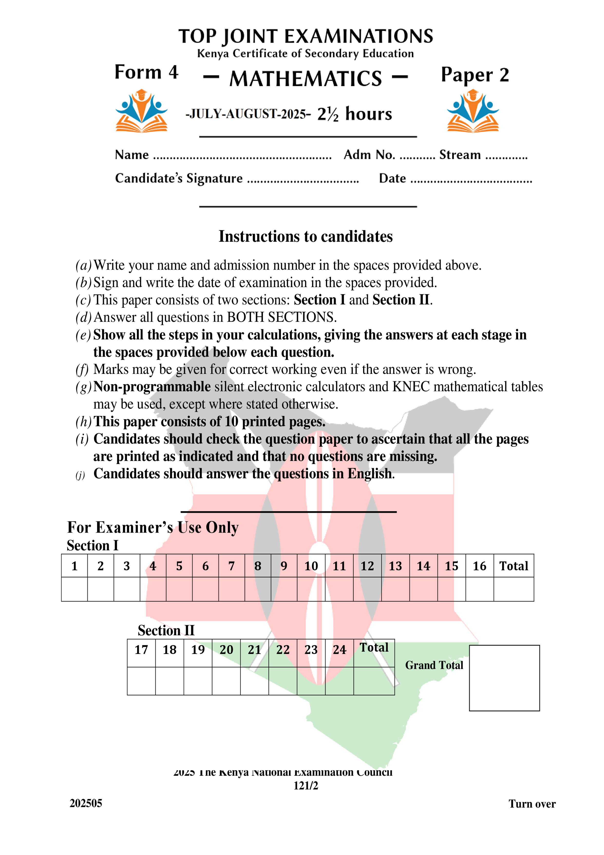 MATHEMATICS FORM 4 PAPER 2 KCSE MOCK 2025