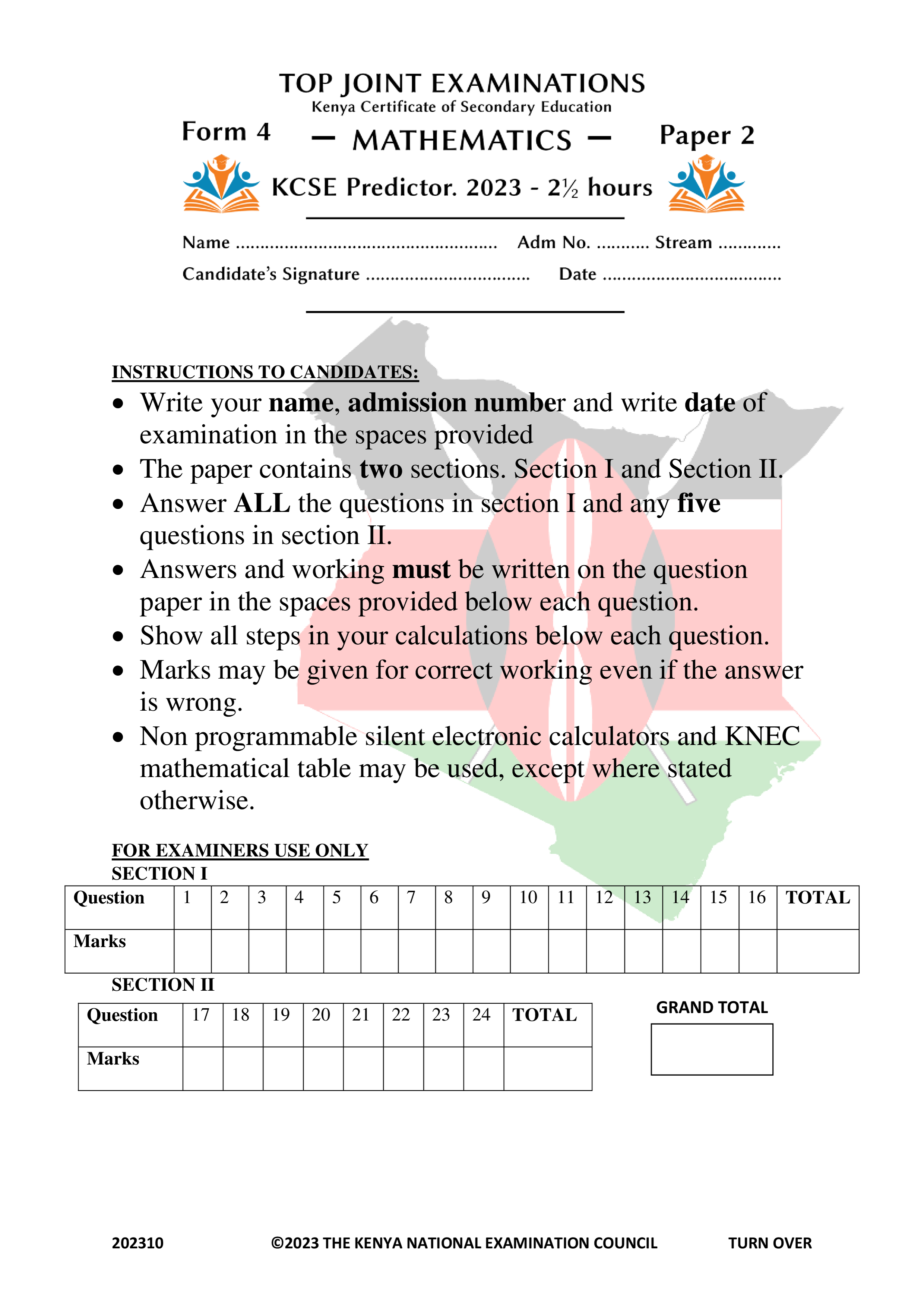 MATHEMATICS FORM 4 PAPER 2 PREDICTOR KCSE 2023
