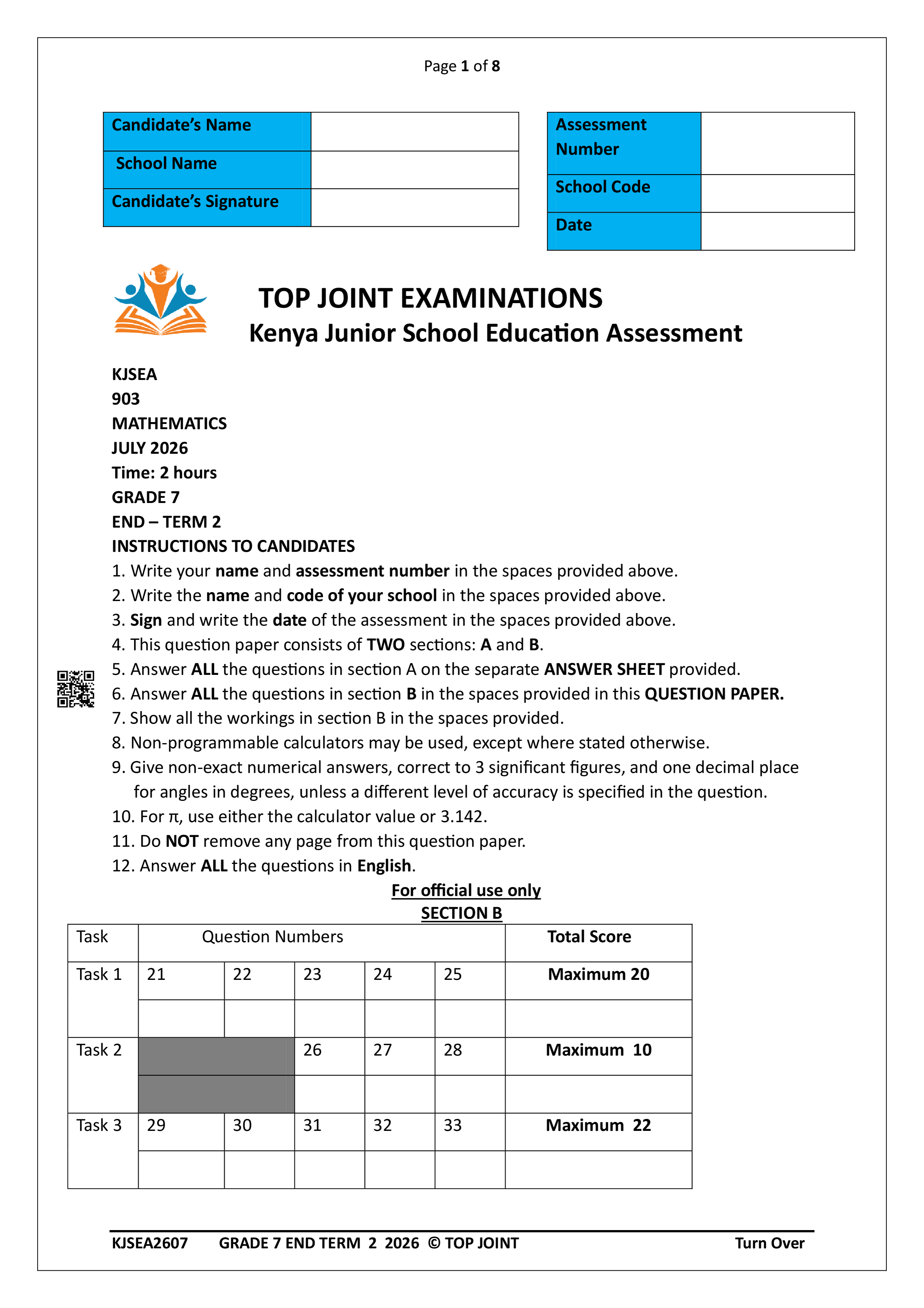 MATHEMATICS GRADE 7 END TERM 2 2026