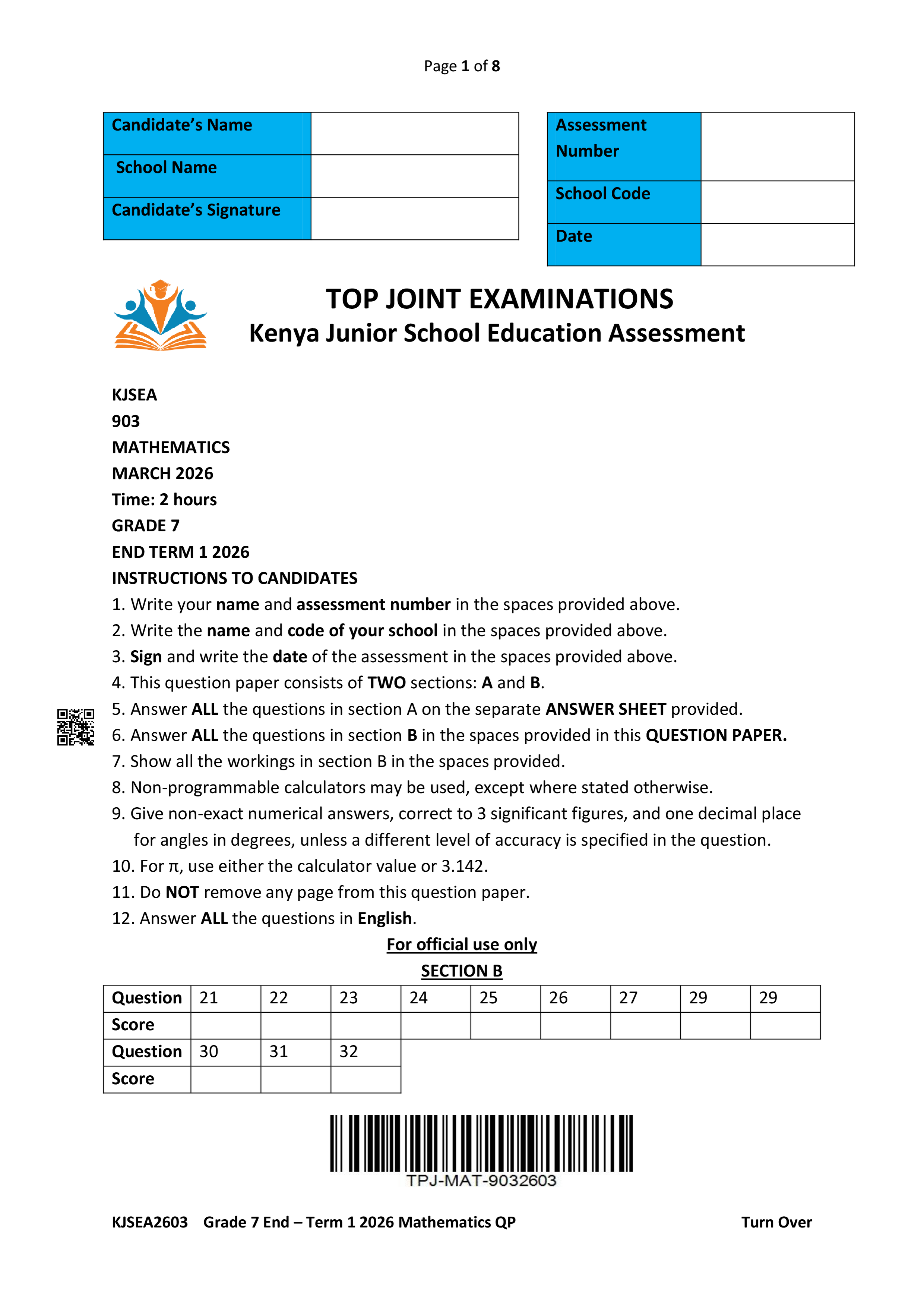MATHEMATICS GRADE 7 END TERM 1 2026