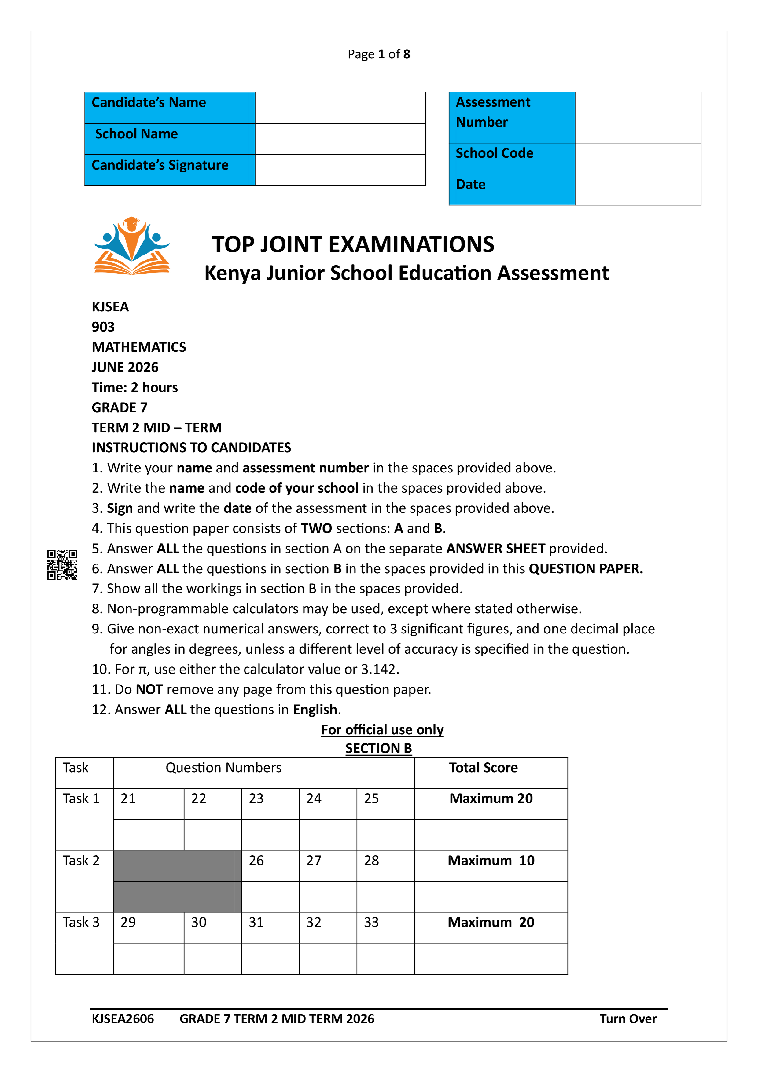 MATHEMATICS GRADE 7 MID - TERM 2 2026