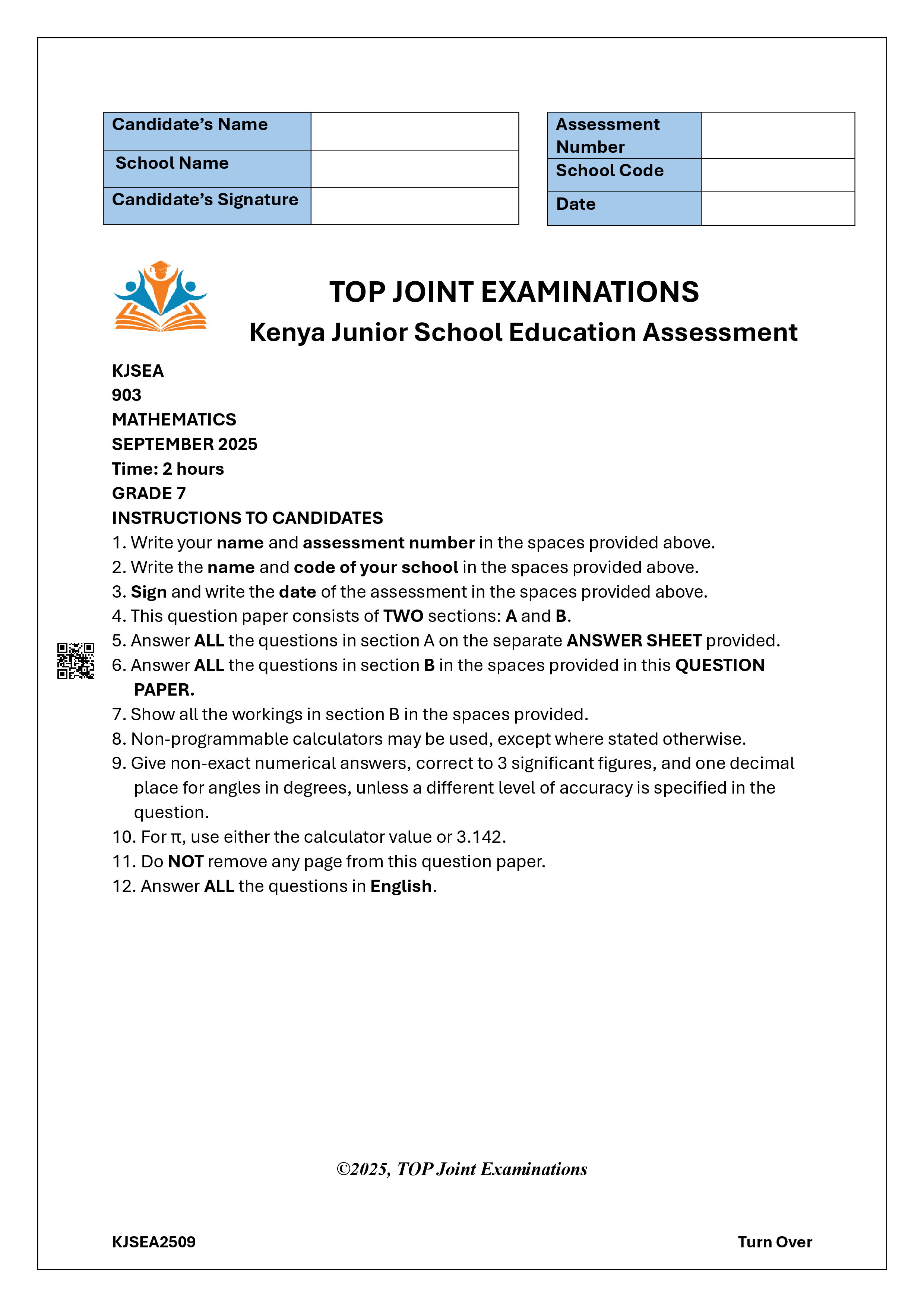 MATHEMATICS GRADE 7 OPENER-MID TERM 3 2025