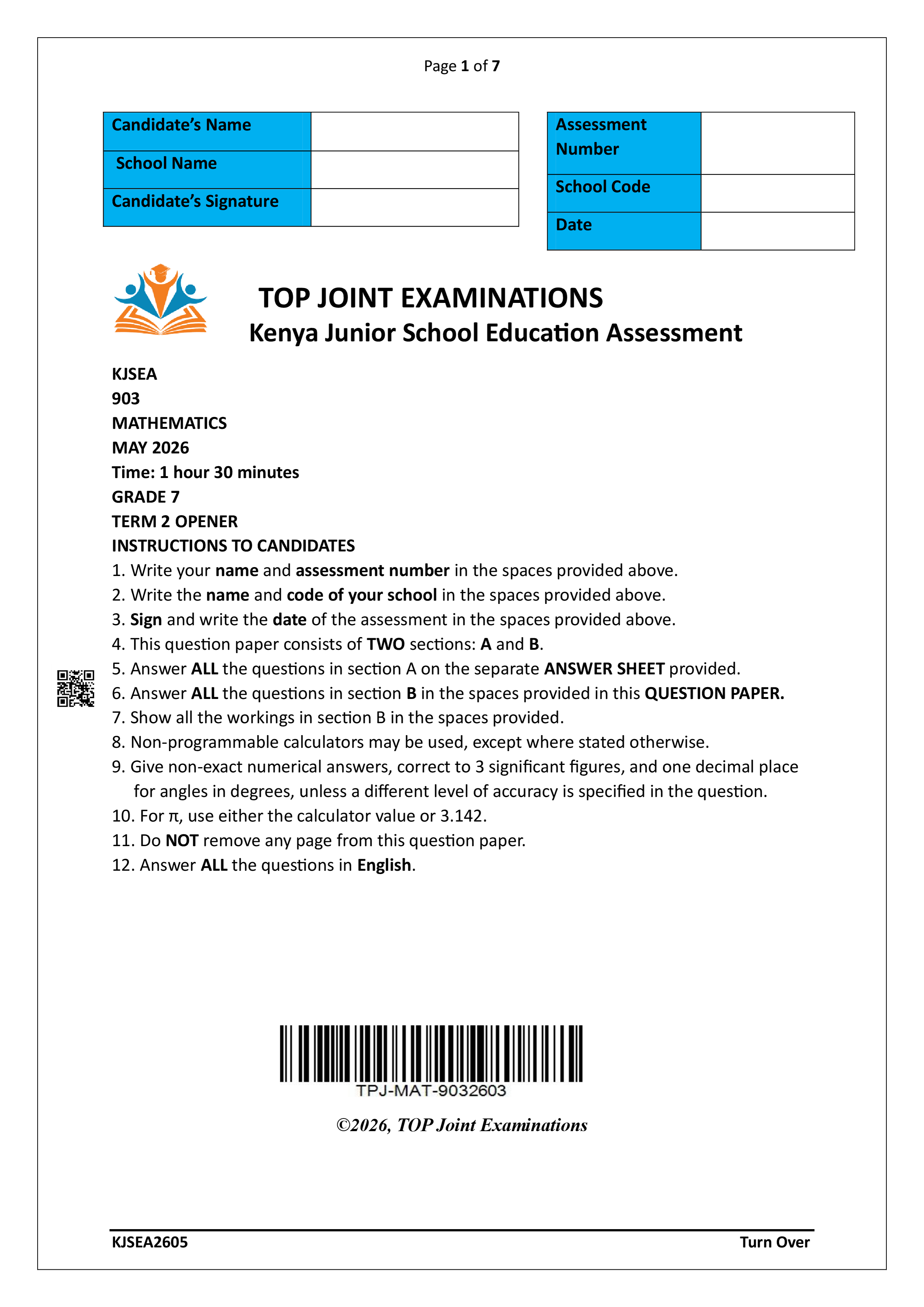 MATHEMATICS GRADE 7 OPENER TERM 2 2026