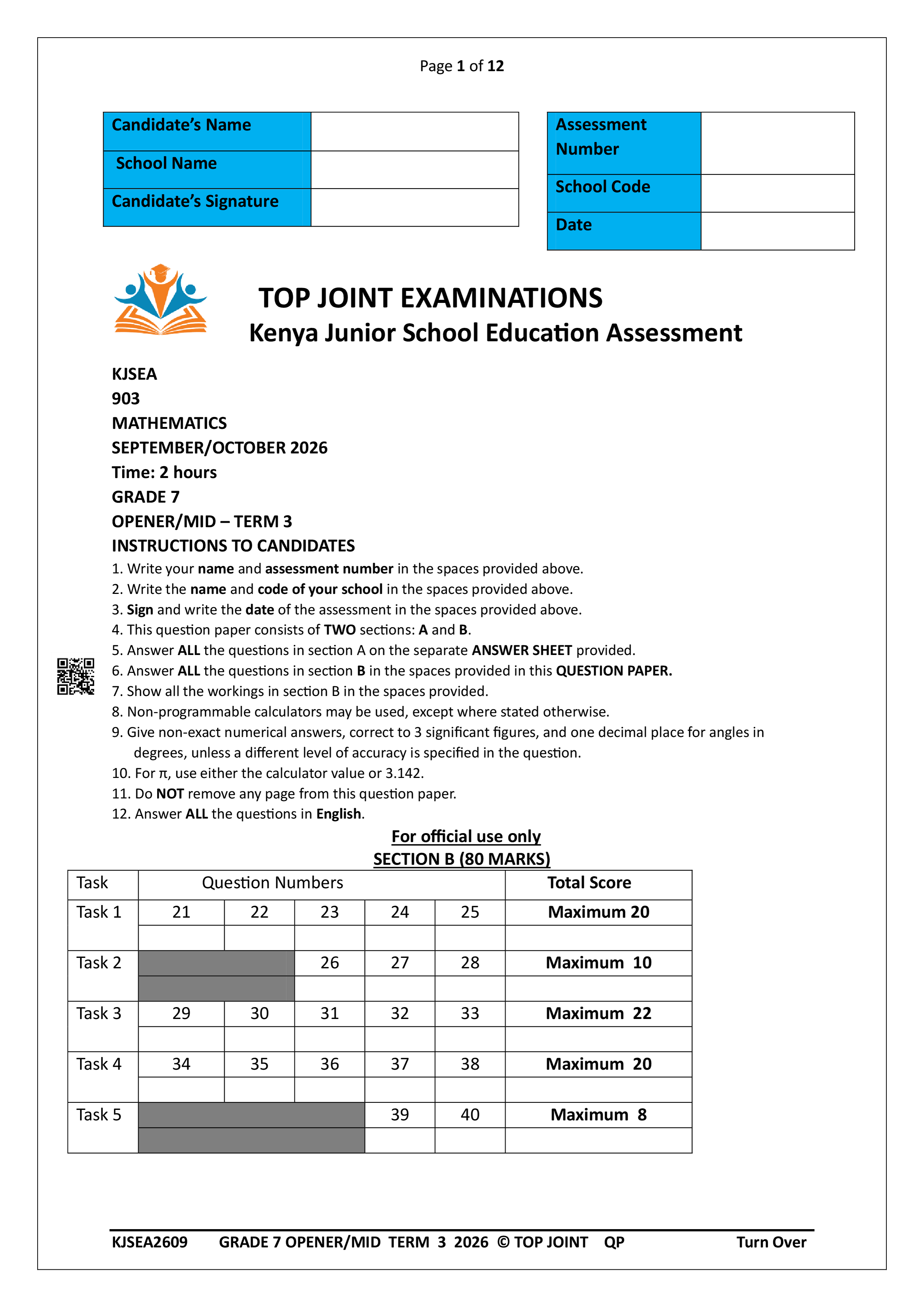 MATHEMATICS GRADE 7 OPENER TERM 3 2026