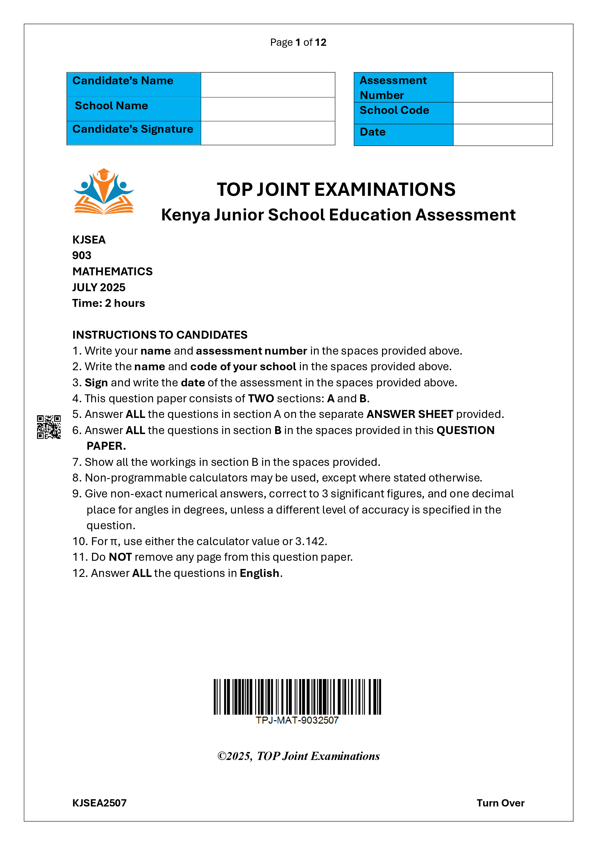 MATHEMATICS GRADE 8 END TERM 2 2025