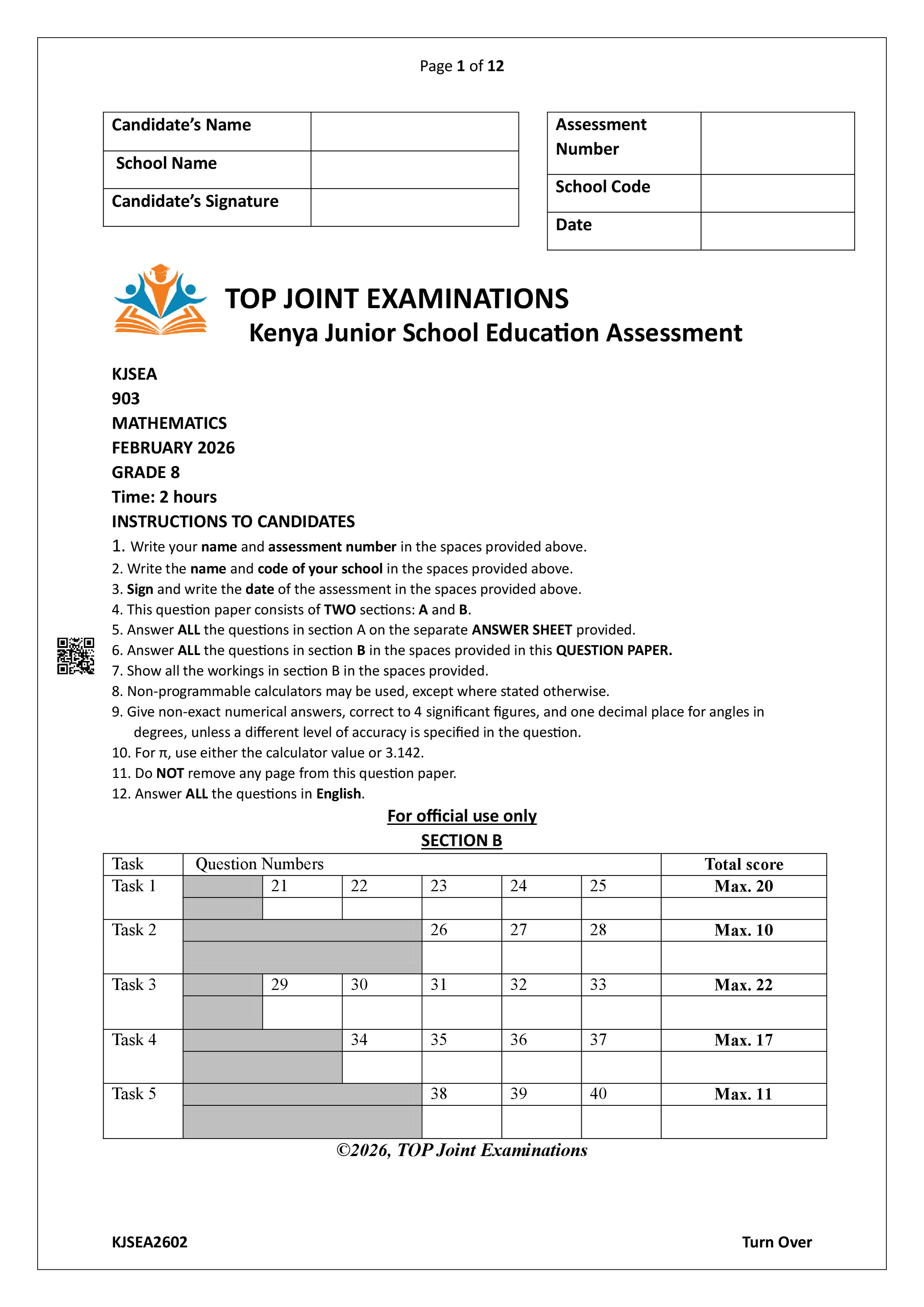 MATHEMATICS GRADE 8 MID TERM 1 2026