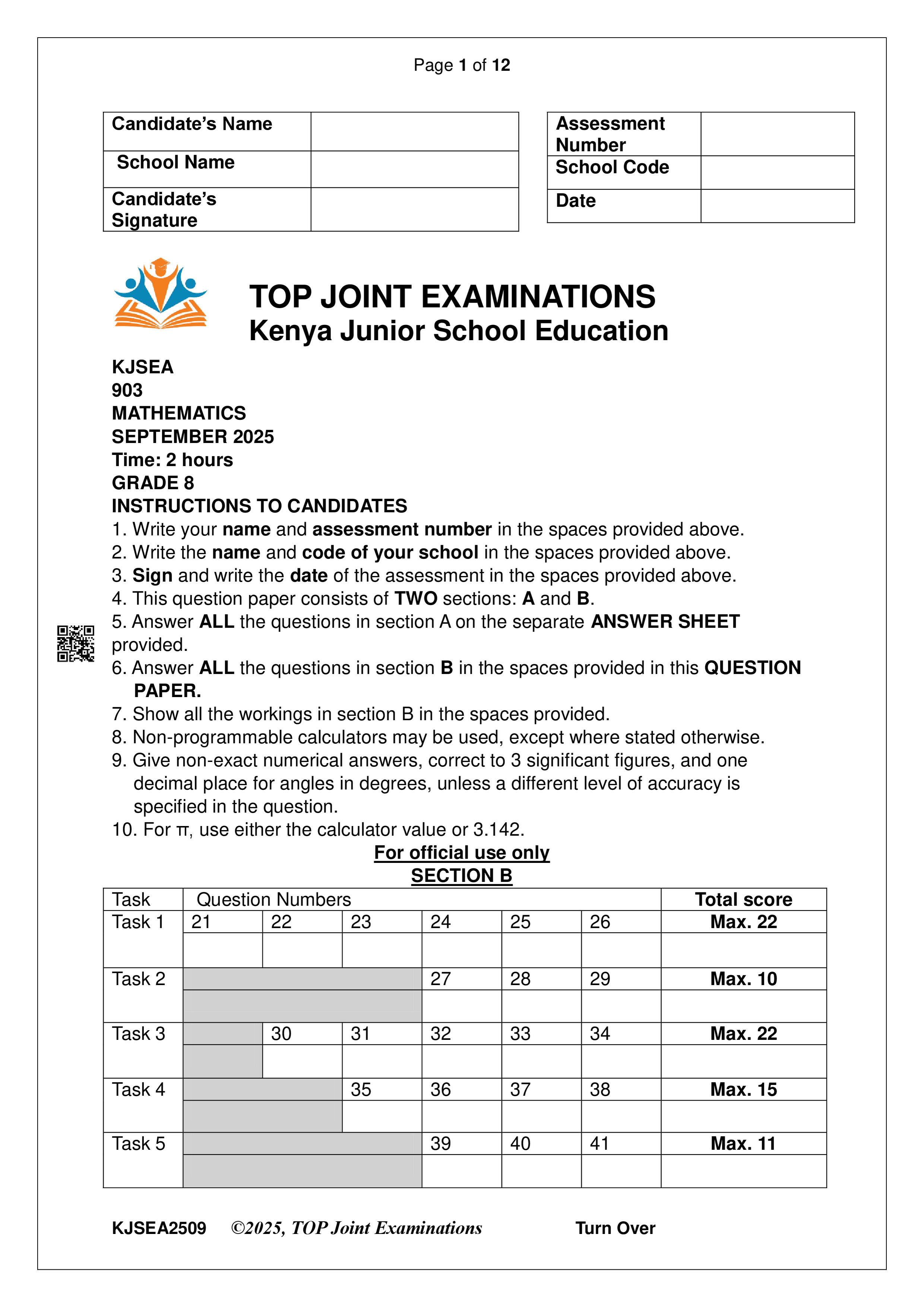 MATHEMATICS GRADE 8 OPENER-MID TERM 3 2025
