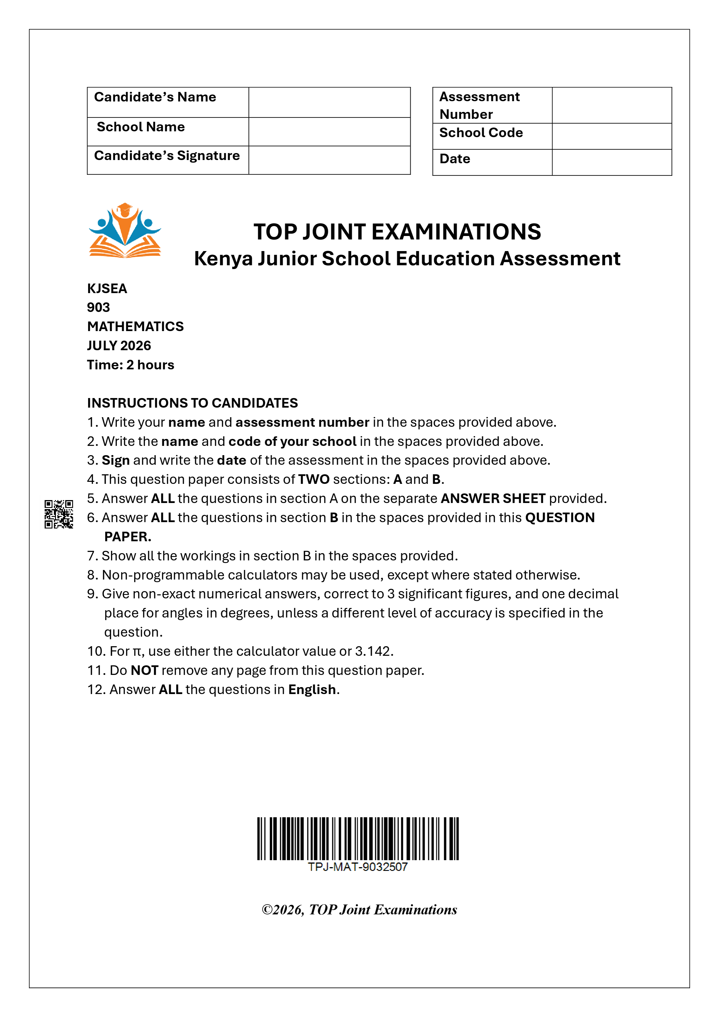 MATHEMATICS GRADE 9 END TERM 2 2026