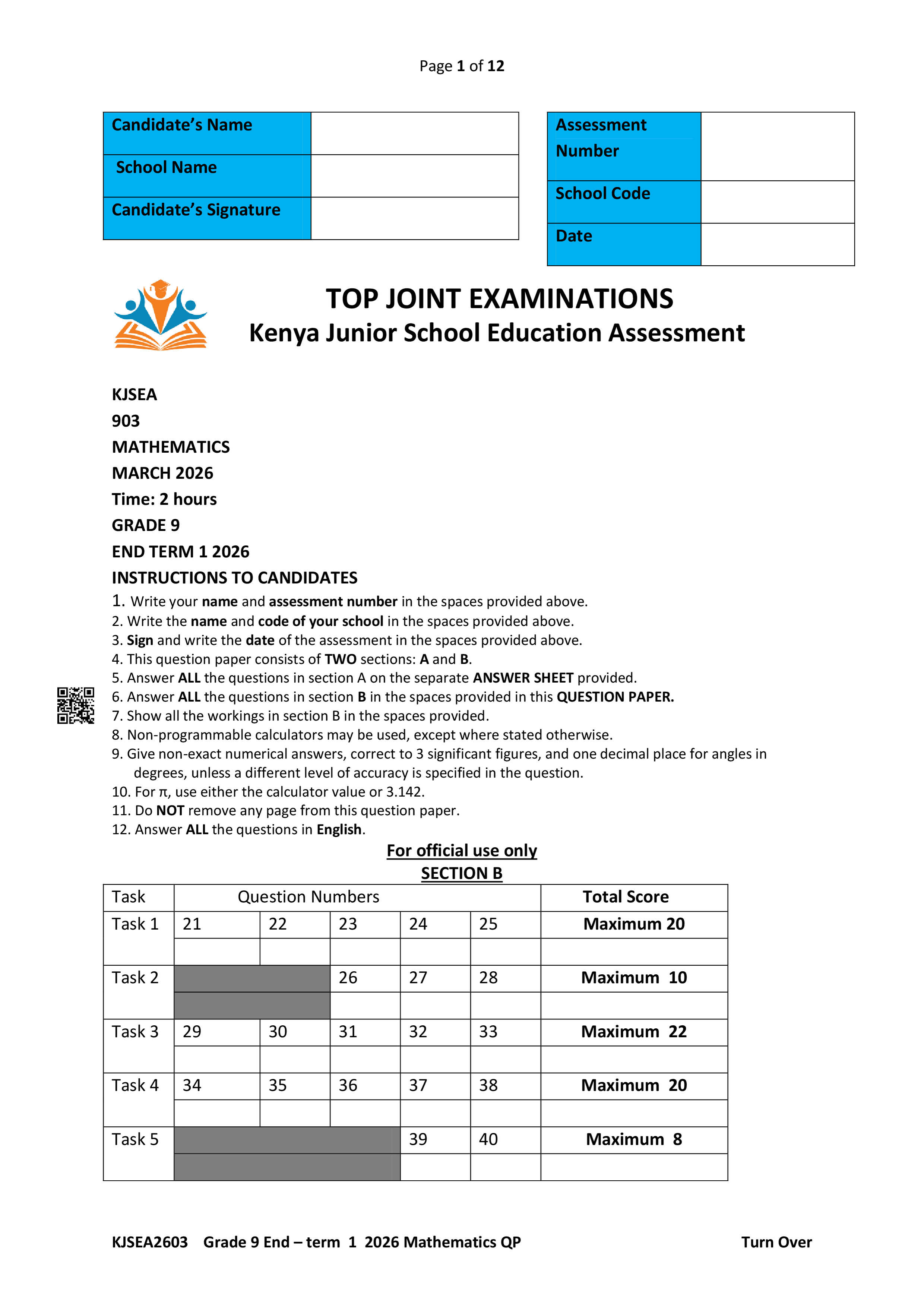 MATHEMATICS GRADE 9 END TERM 1 2026