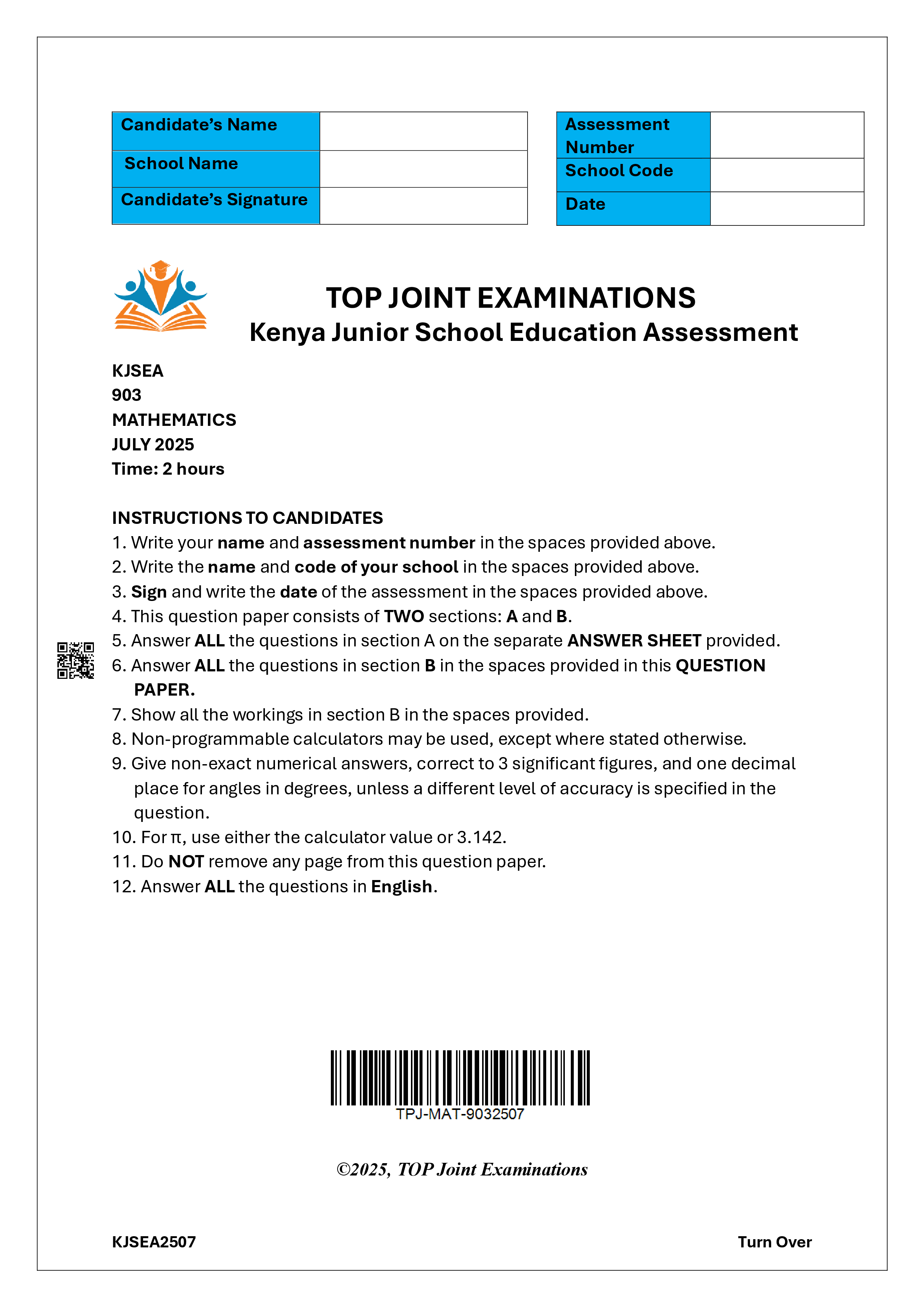 MATHEMATICS GRADE 9 END TERM 2 2025