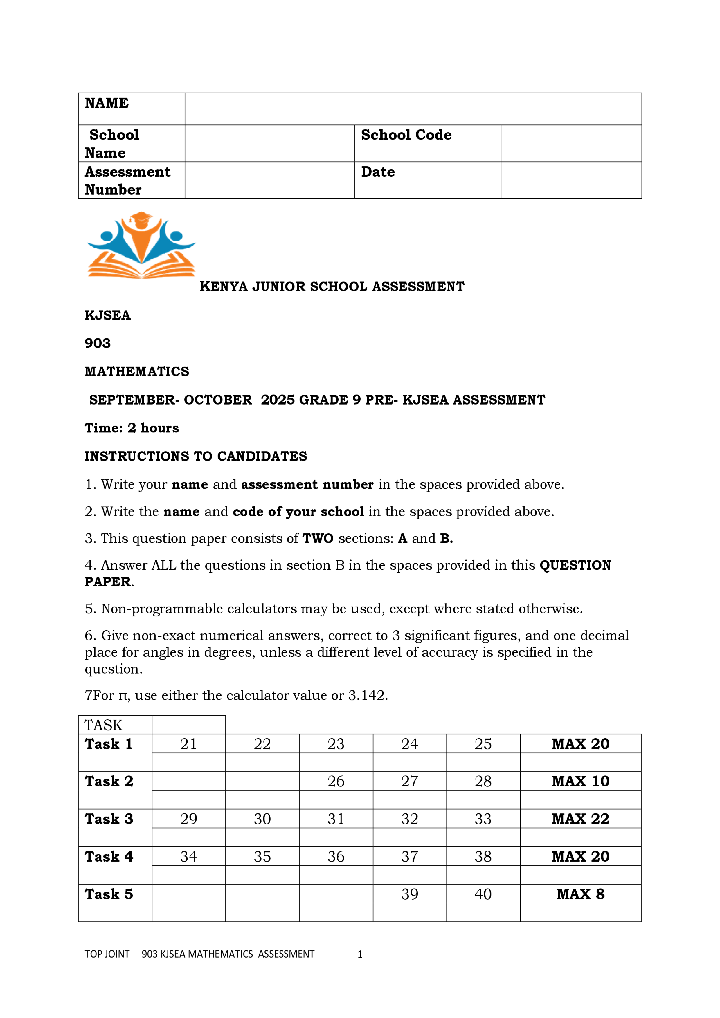 MATHEMATICS GRADE 9 OPENER-MID TERM 3 2025