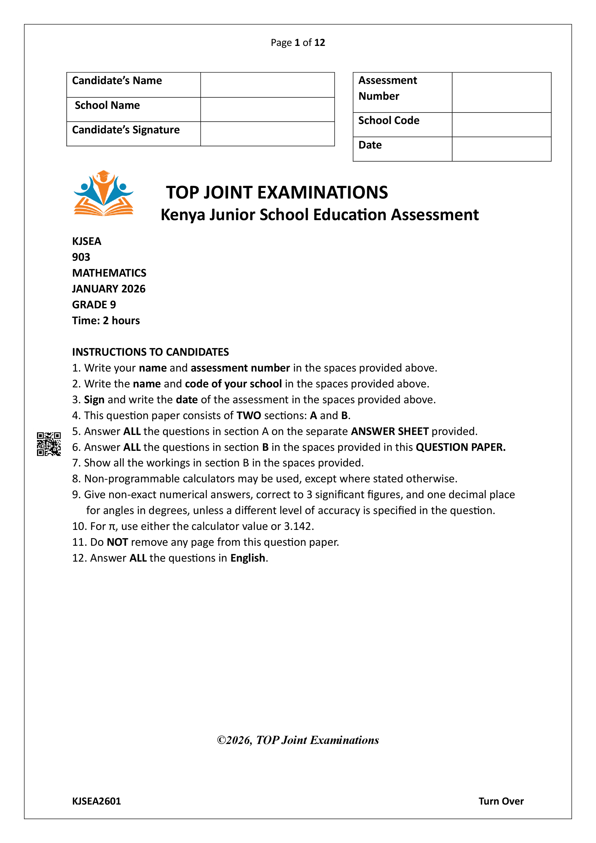 MATHEMATICS GRADE 9 OPENER TERM 1 2026