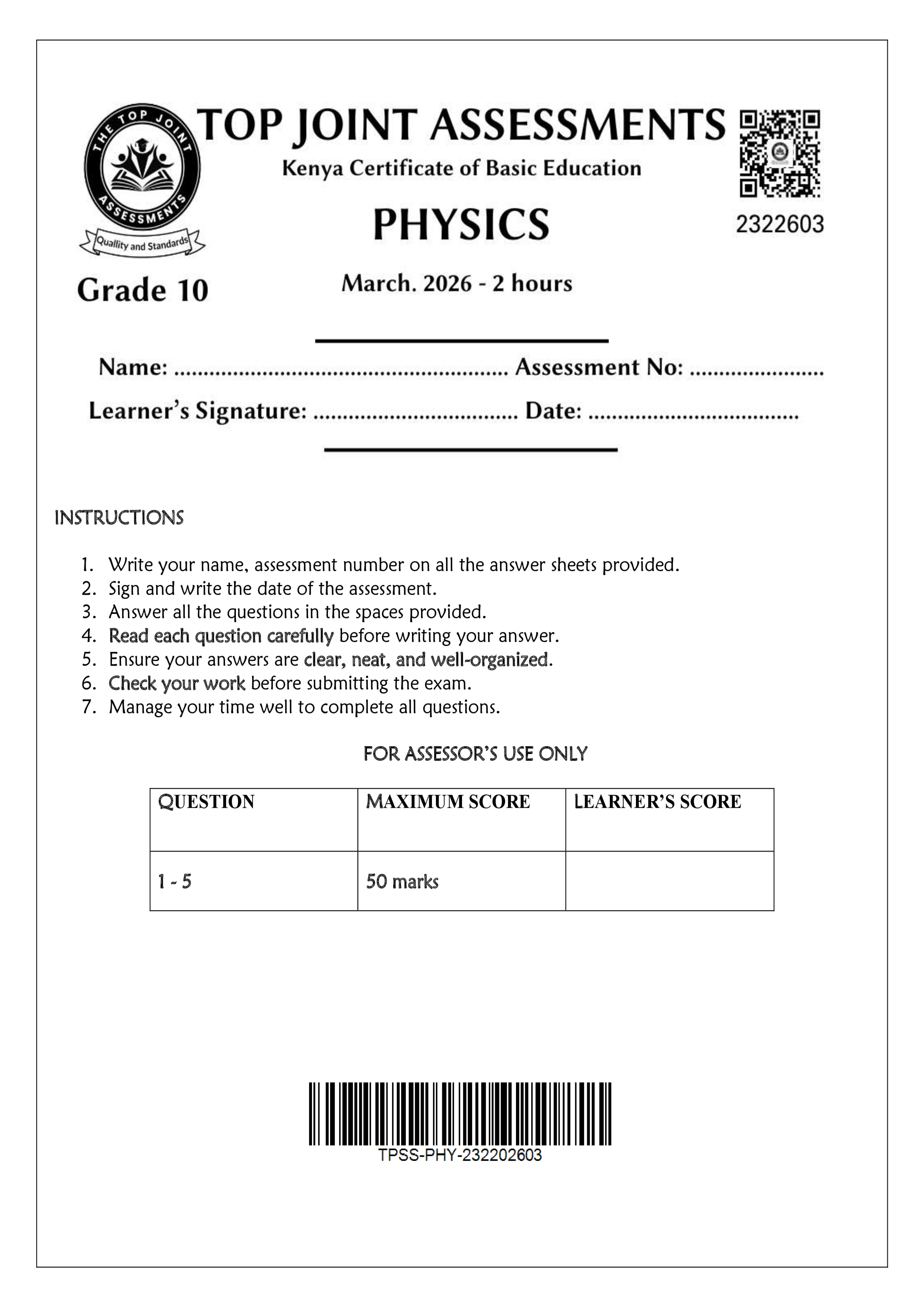 PHYSICS GRADE 10 END TERM 1 2026