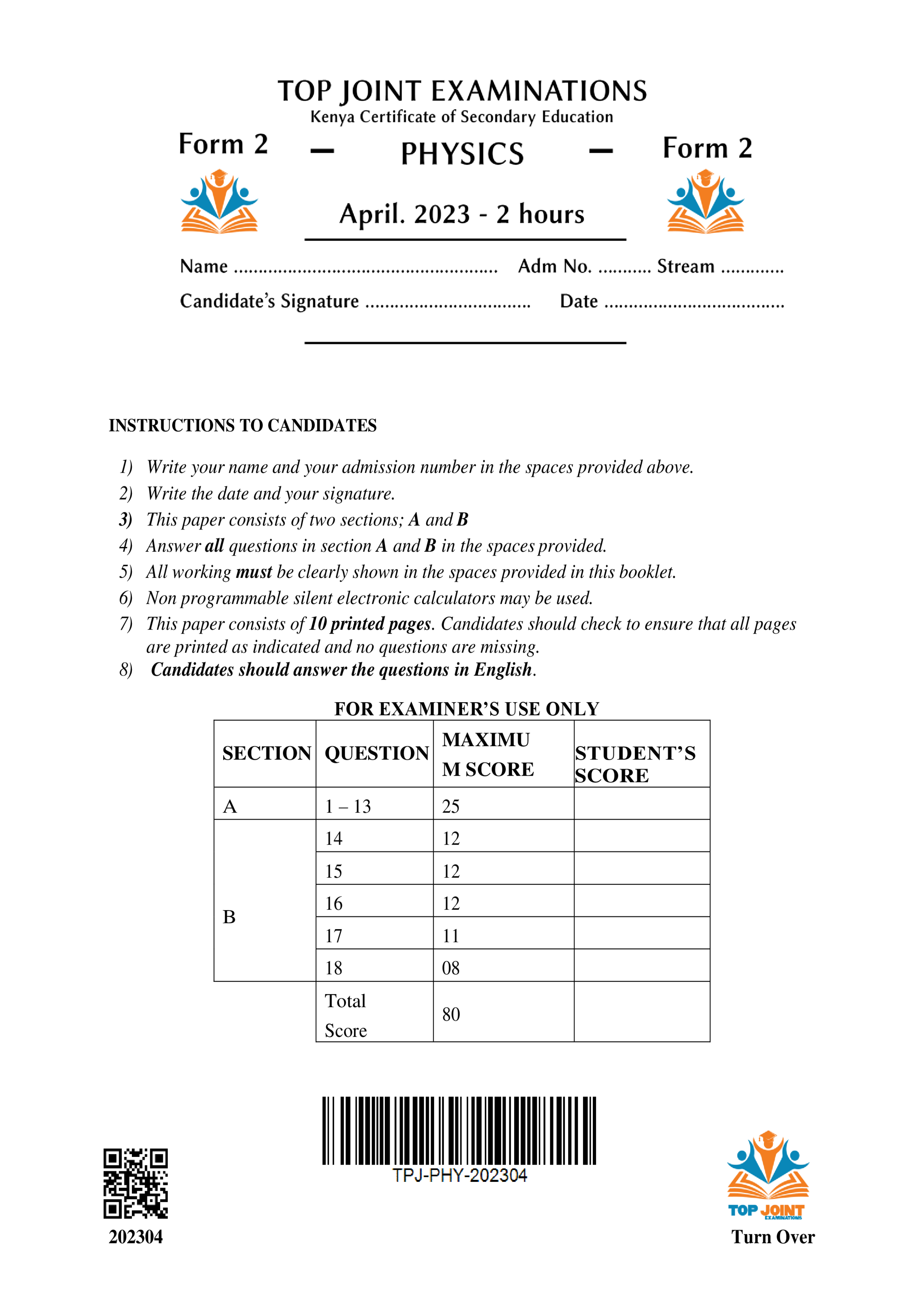 PHYSICS FORM 1 END TERM 1 2023